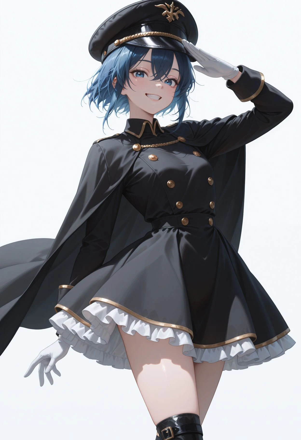 masterpiece,best quality,absurdres,highres,very aesthetic,high quality,detailed,insanely detailed,beautiful,
gugugu_(enigma0009)
smile, standing,
simple background,white background,
upper body, looking at viewer, salute, grin,
<lora:Inui Sajuna illu:1>, bbsajuna,blue eyes,peaked cap,black headwear,blue hair,short hair,hair between eyes,bangs,black cape,dress,(black dress:1.4),long sleeves,(white gloves:1.1),(black skirt:1.4),frilled skirt,socks,black socks,boots,black footwear