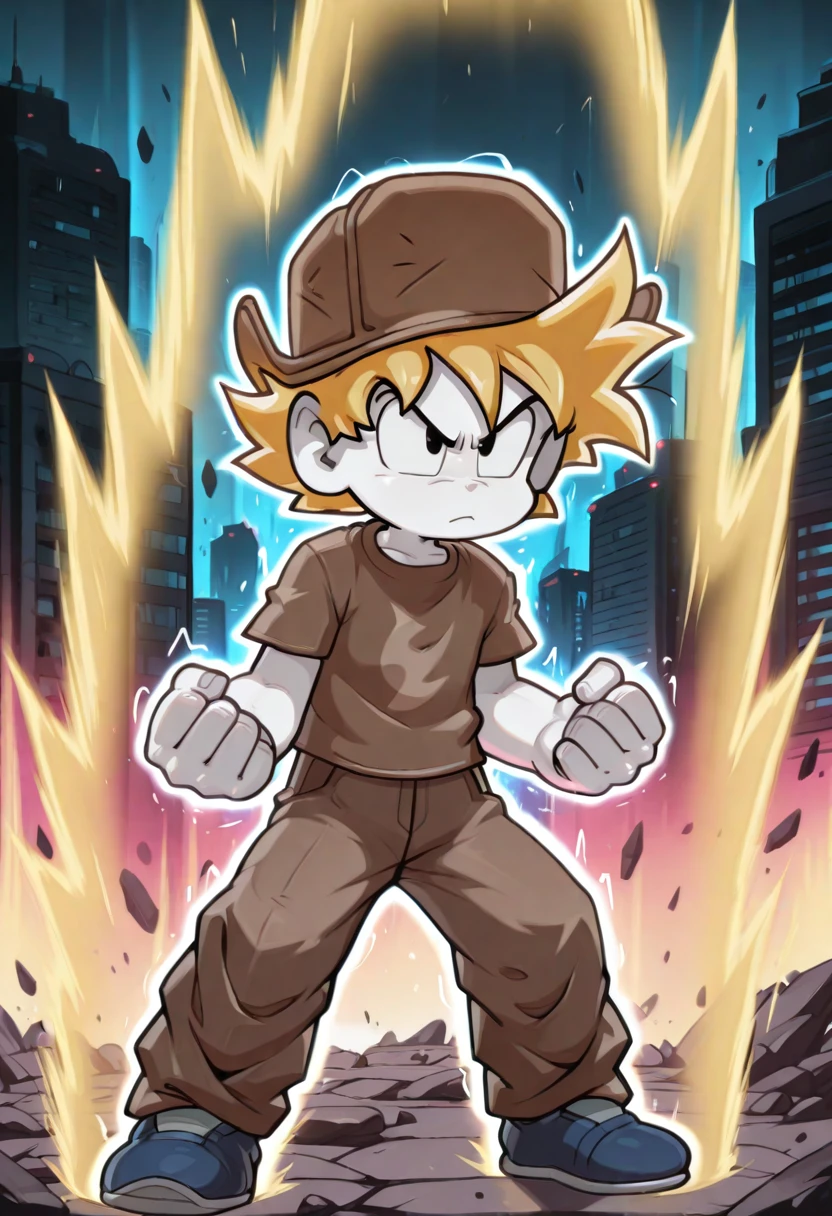 <lora:myOC_Illustrious_Mlaofmd-10:1.0>, <lora:superSayianAura_v2_Illustrious_Mlaofmd-10:1.0>, masterpiece, best quality, absurdres, amazing quality, 1boy, mlao, brown hat, yellow hair, white skin, brown shirt, brown pants, blue shoes, black eyes, supersaiyanaura, power, aura, sharp aura, yellow aura, clenched hands, fight stance, serious face, looking at viewer, city, debris