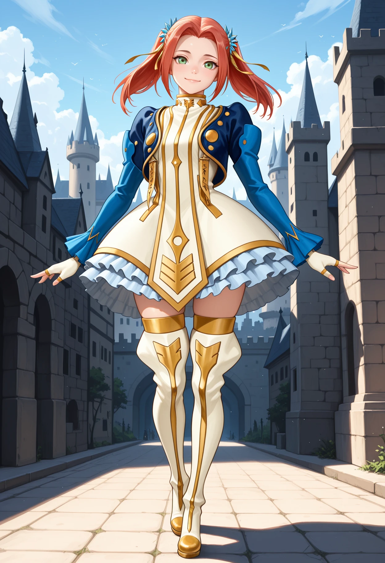 masterpiece, best quality, amazing quality, eleanor hume, green eyes, smile, twintails, short dress, red hair, hair ornament, thigh boots, cropped jacket, frills, fingerless gloves, full body, castle