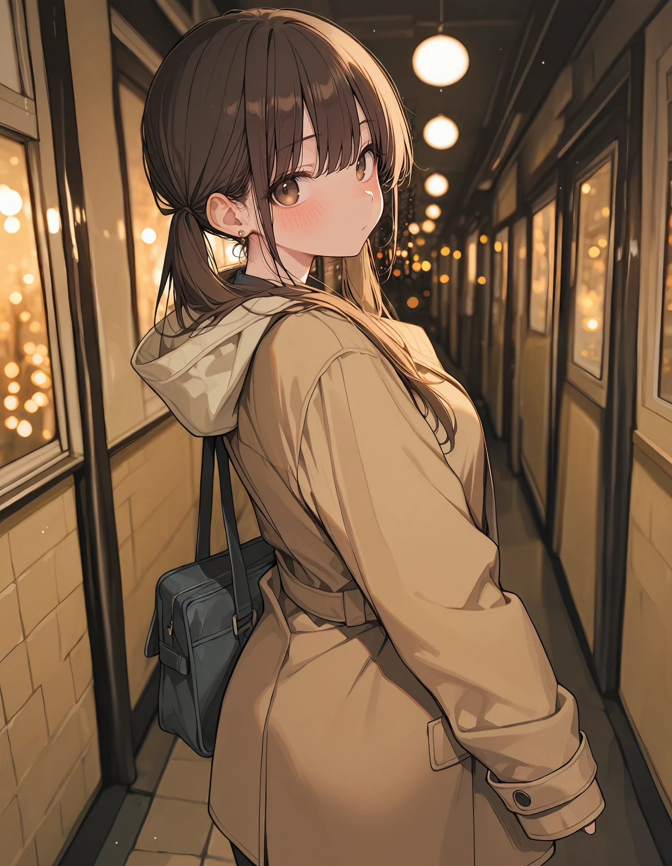 masterpiece, best quality,high quality, newest, highres,absurdres, <lora:aosiai123_style:1>,traditional media, aosiai123_illu, 1girl, solo, blush, looking at viewer,reaching towards viewer, long hair, bag, brown hair, coat, twintails, bangs, looking back, brown eyes, hood, long sleeves, shoulder bag, from behind, earrings, brown coat, sleeves past wrists, cowboy shot, foreshortening, blurry edges, scenery, light particles, bokeh,