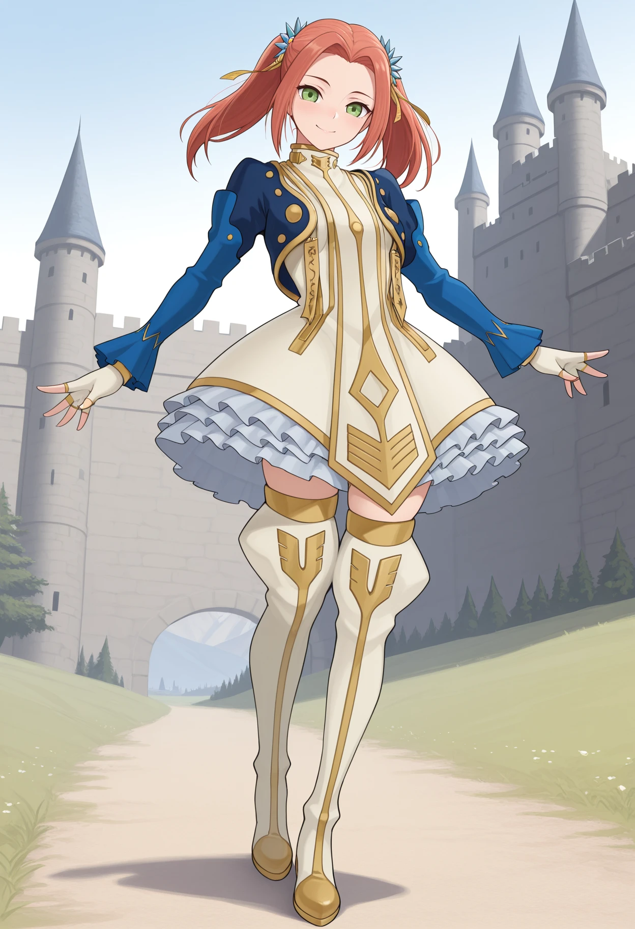 masterpiece, best quality, amazing quality, eleanor hume, green eyes, smile, twintails, short dress, red hair, hair ornament, thigh boots, cropped jacket, frills, fingerless gloves, full body, castle