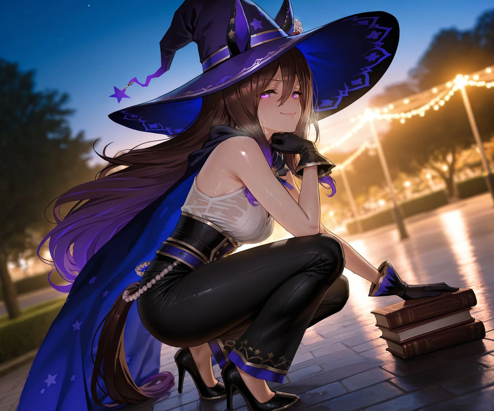 masterpiece, best quality, amazing quality, very aesthetic, high resolution, ultra-detailed, absurdres, newest, scenery,
1girl, umamusume, seeking the pearl \(be-witched\) \(umamusume\), sweat, wet, steaming body, horse tail, horse girl,
black gloves, sleeveless, cape, high heels, ear covers, ears through head wear, purple headwear, black pants, star \(symbol\), official alternate costume, chaps, books,
outdoors, park, night, squatting,
cowboy shot, looking at viewer, smug, <lora:seekingthepearlillv1:1>,, glowing, colorful, photorealistic, shiny_skin,dutch angle, <lora:arcain-2411:0.4>,, HDR,photo background,detailed eyes,detailed hands,detailed clothing,detailed shading,dim lighting,chiaroscuro,BREAK depth of field,masterpiece,best quality,amazing quality,very aesthetic,high resolution,ultra-detailed,absurdres,newest,scenery,volumetric lighting,