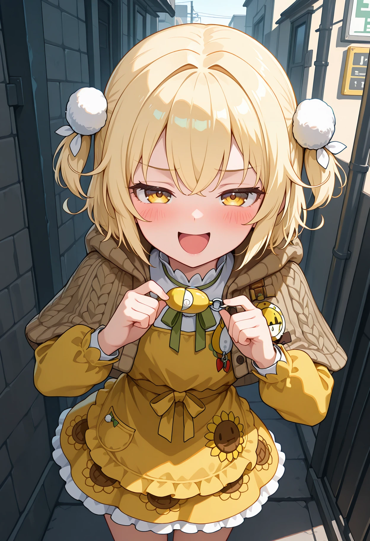 highres, best quality, masterpiece, outdoors,
1girl, solo, nkliter, blonde hair, short hair, two side up, yellow eyes,
litercts, yellow dress, frilled dress, pom pom hair ornament, brown capelet, brown shawl, long sleeves, pom pom \(clothes\), crime prevention buzzer, badge, sunflower badge, sunflower print, frills,
looking at viewer, blush, smug, open mouth,
standing, crime prevention buzzer threat, cord pull,
<lora:_liter_nikke-elesico-ilxl1b-000009:1>