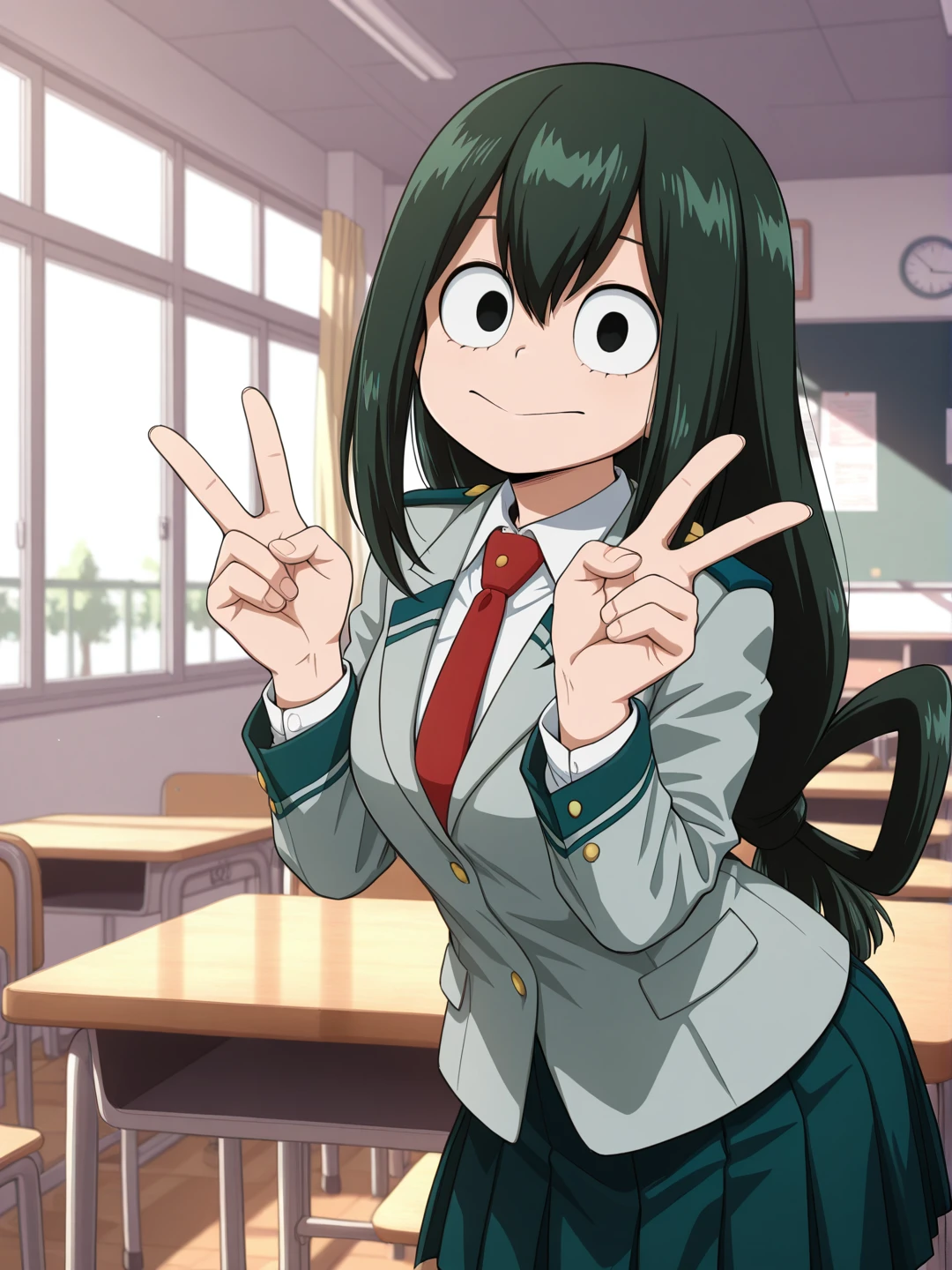 masterpiece, best quality, amazing quality, 1girl, solo, <lora:IlluTsuyu:1> illutsuyu, long hair, black hair, green hair, low-tied long hair, black eyes, u.a. school uniform, pleated skirt, jacket, red necktie, smile, double v, classroom,