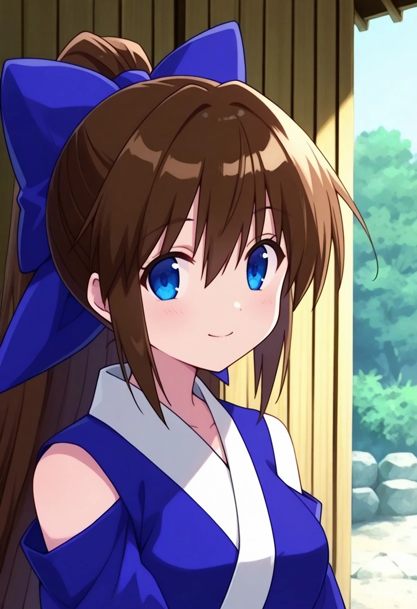 masterpiece, best quality,
suzuaira, 1girl brown hair, long hair, ponytail, blue eyes, bow, hair bow, blue bow, japanese clothes, shirt, blue shirt, short sleeves, bare shoulders, smile
outdoor