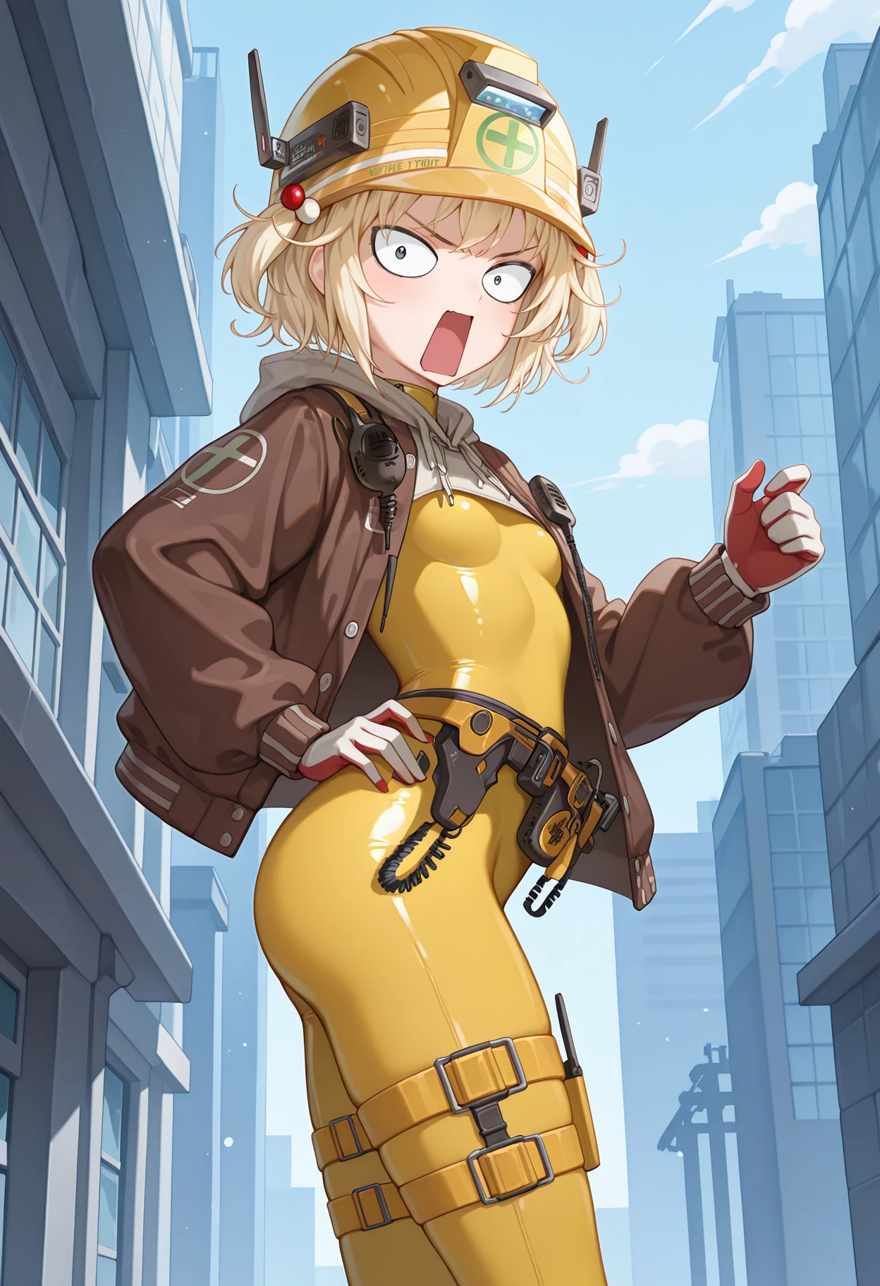 highres, best quality, masterpiece, outdoors, science fiction,
1girl, solo, nkliter, blonde hair, short hair, two side up,
literdef, yellow helmet, hair bobbles, yellow bodysuit, skin tight, brown jacket, drawstring, open jacket, hood, hood down, walkie-talkie, holster, utility belt, belt, two-tone gloves, thigh strap,
literangy, constricted pupils, black pupils, parody, angry, open mouth, looking at viewer,
standing, hand on own hip, from side,
<lora:_liter_nikke-elesico-ilxl1b-000009:1.2>