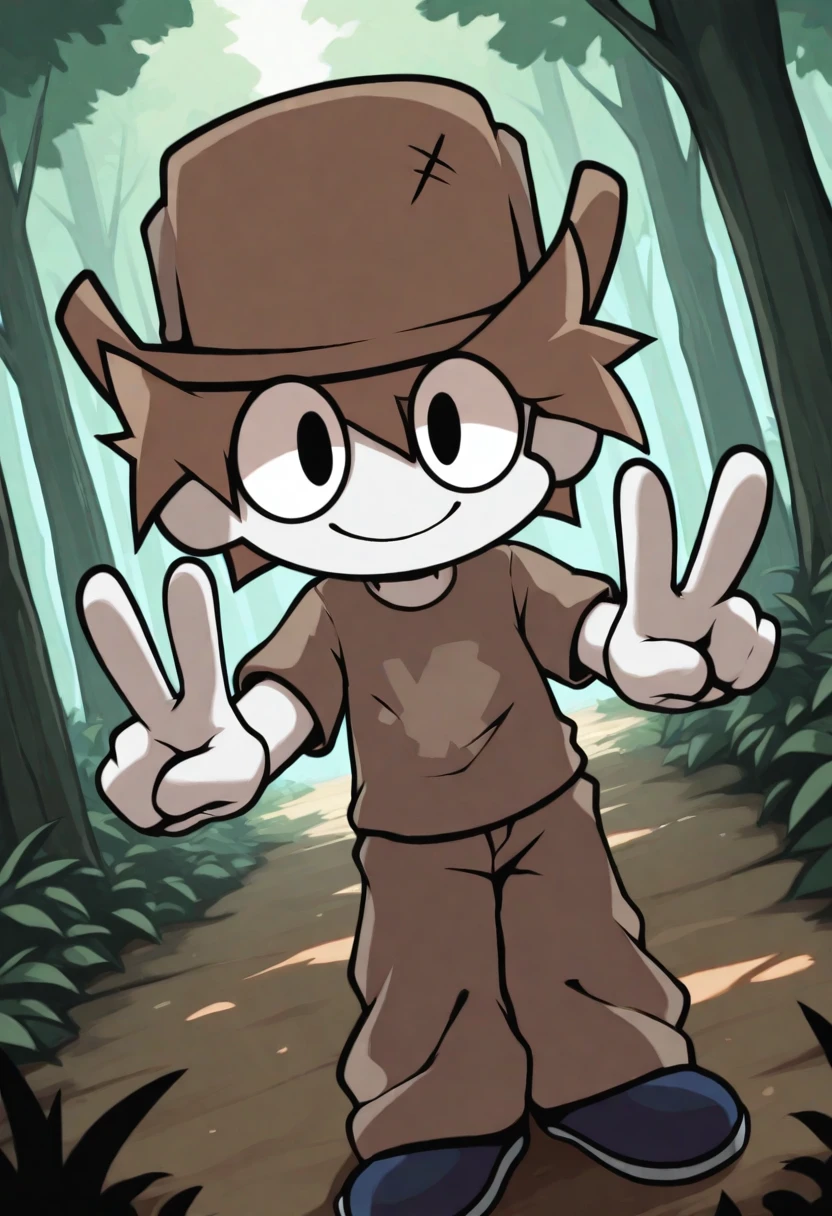 <lora:myOC_Illustrious_Mlaofmd-10:1.0>, masterpiece, best quality, absurdres, amazing quality, 1boy, mlao, brown hat, brown hair, white skin, brown shirt, brown pants, blue shoes, black eyes, smile, forest, double v, looking at viewer, dutch angle, front view,