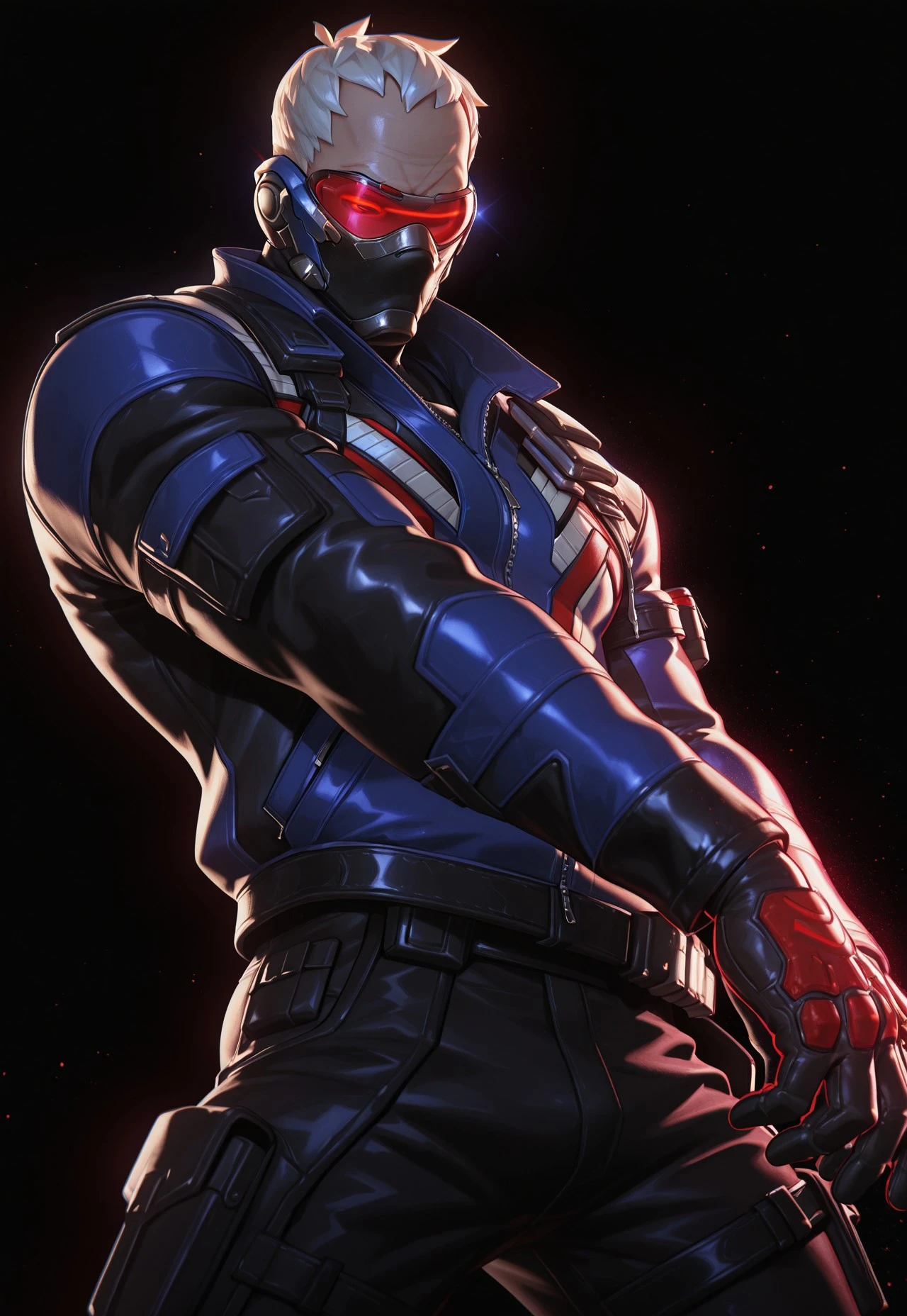 3d, realistic, (1boy, soldier: 76 \(overwatch\), bara, mature male, classic76, short hair, white hair, pixie cut, jacket, black pant, gloves, mask, mouth mask, visor), dynamic pose, limited palette,black background,colorful,vibrant,glowing outline, neon, blacklighting, looking at viewer, masterpiece, best quality, absurdres, newest, perfect quality, best quality, absolutely eye-catching, detailed background, intricate details