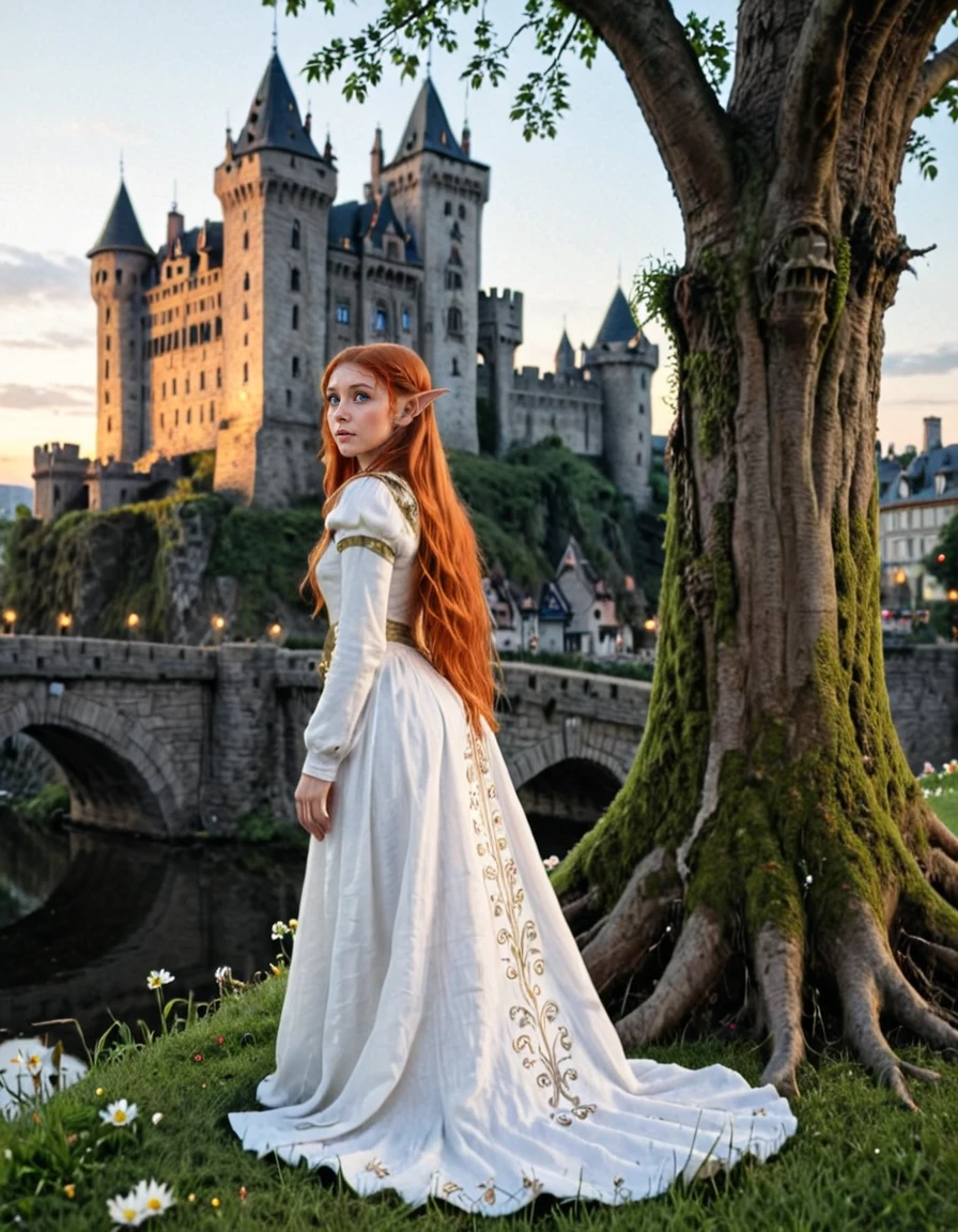 <lora:Medieval_Worlds_Specialxlb:1> medieval, very detailed, river, moss, illuminated, city lights, vegetation, sunset, high castle in the background, castle bridge, high tower, high tower in the background, high castle, tower, flowers, roots, grass, elf girl, closeup, from side, under tree,, mw01out, wearing a white dress, red long hair, blue eyes, realistic photo, bokeh, white, gold, black, T2, T12, anime, anime style