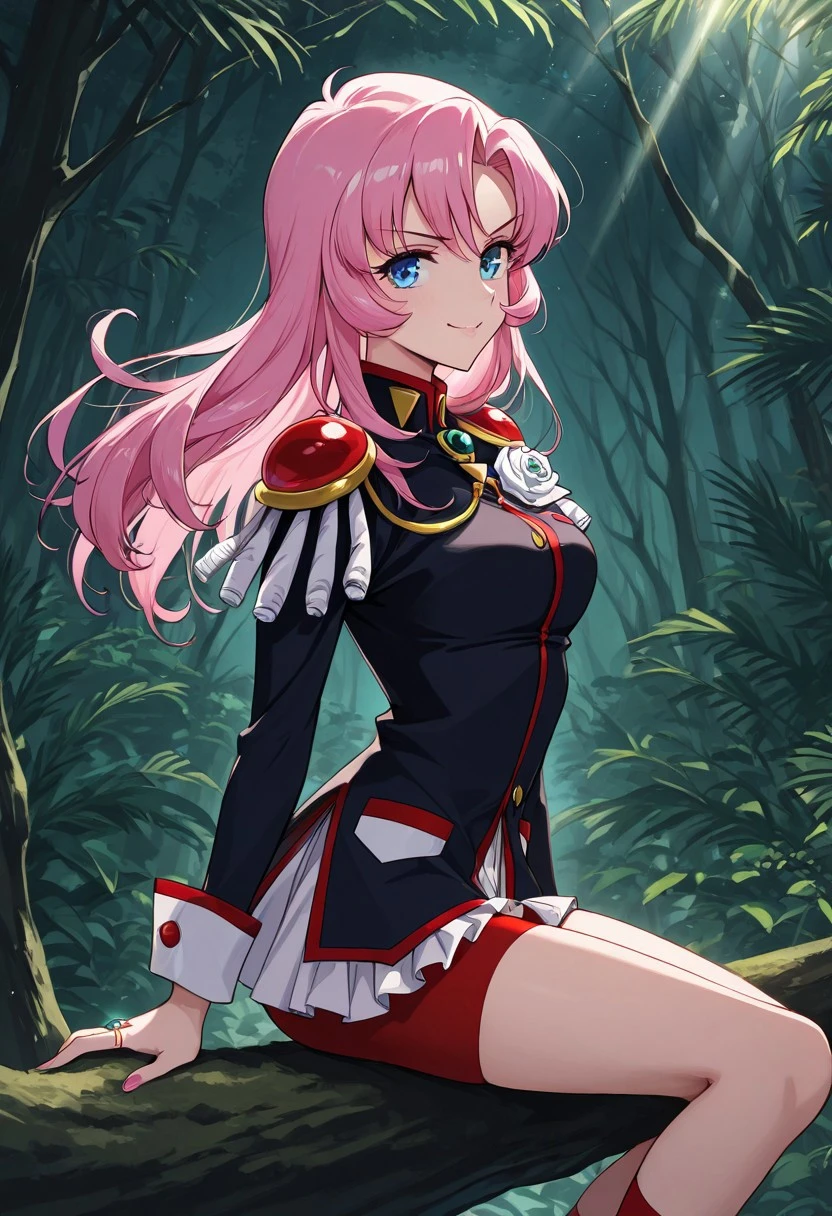 score_9, score_8_up, score_7_up, dynamic view, eye_focus, solo, looking_at_viewer, 1girl,
masterpiece, best quality,
(tenjou utena, blue eyes, long hair, pink hair, hair between eyes, medium breasts, black jacket, epaulettes, aiguillette, white sleeve cuffs, long sleeves, red shorts, short shorts, bike shorts, see-through skirt, red socks, shoes, sword of dios, jewelry, ring,
),
jungle, outdoors, rainforest, nature, (fern), light rays, dark theme, sitting in tree, in tree, sitting, tree, barefoot, feet, soles, blue eyes, navel, cleavage, pants, nail polish, bracelet, dim lighting, dark background, backlighting, looking at viewer, v-shaped eyebrows, closed mouth, smug