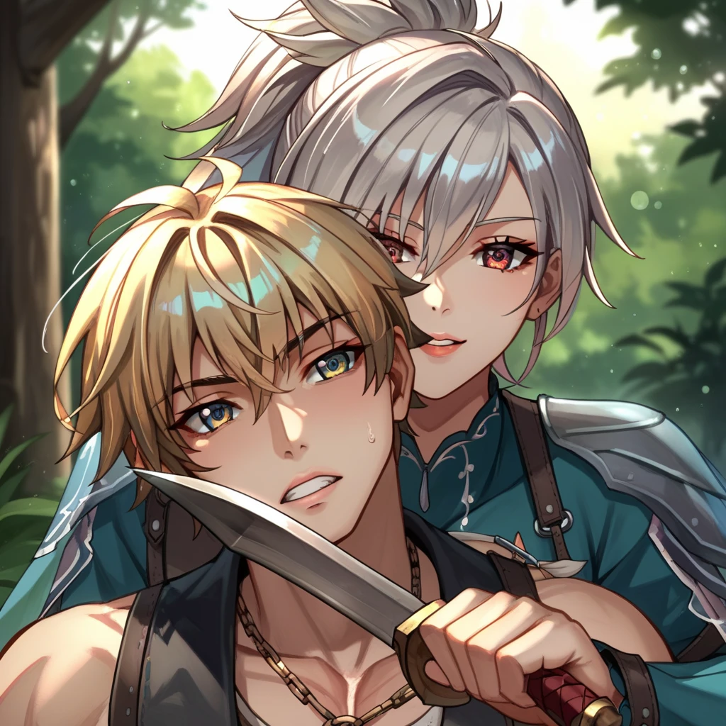 score_9, score_8_up, score_7_up, score_6_up, uncensored, detailed eyes, perfect eyes, extremely detailed CG, extremely detailed face, perfect face, detailed Lora, best quality, source_anime, masterpiece, beautiful eyes, beautiful face, detailed eyes ,high resolution, distinct image BREAK <lora:blade to throat_femdom:1>fd_blade_to_throat, blade to throat, 1boy, 1girl, holding knife, holding, knife, femdom, hetero, female behind male, standing behind