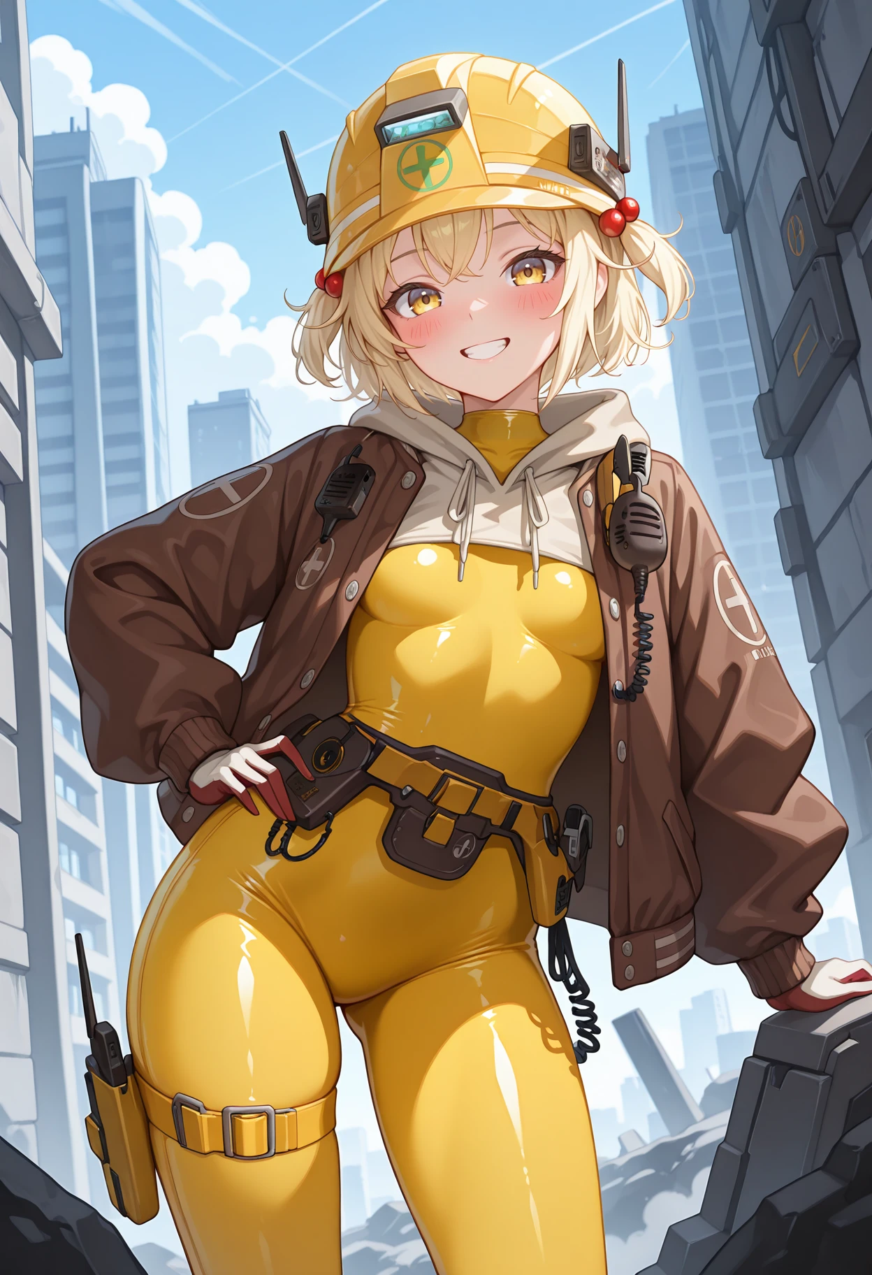highres, best quality, masterpiece, outdoors, science fiction,
1girl, solo, nkliter, blonde hair, short hair, two side up, yellow eyes,
literdef, yellow helmet, hair bobbles, yellow bodysuit, skin tight, brown jacket, drawstring, open jacket, hood, hood down, walkie-talkie, holster, utility belt, belt, two-tone gloves, thigh strap,
looking at viewer, blush, smile, teeth,
standing, leaning to the side, hand on own hip,
<lora:_liter_nikke-elesico-ilxl1b-000009:1>