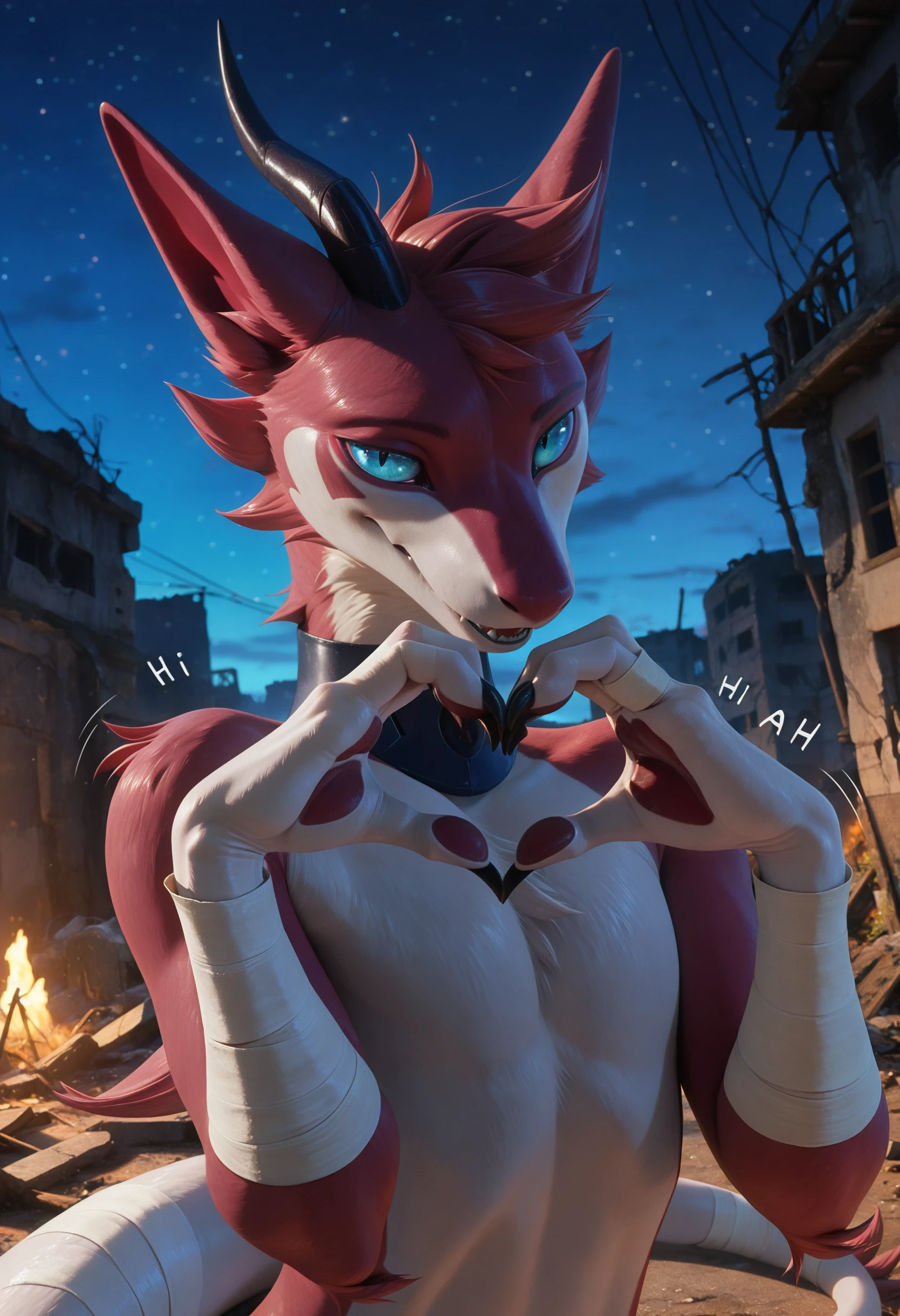 (masterpiece, best quality, very aesthetic, newest, 2024), photorealism, photorealistic, hi res,
1boy, z3phyr, furred dragon, solo, anthro, blue eyes, claws, furry, hi res, male, no humans, tail, colored sclera, bandages, looking at viewer, cropped legs, outdoor, single horn, night, stars, dark, bedroom eye, heart hands,
flirty expression, seductive glance, sound effect, motion lines, ruins, urban, reaching towards viewer, upper body, bent, feral, <lora:Zephyr_Blitzdrachin_OC_Illustrious:1>