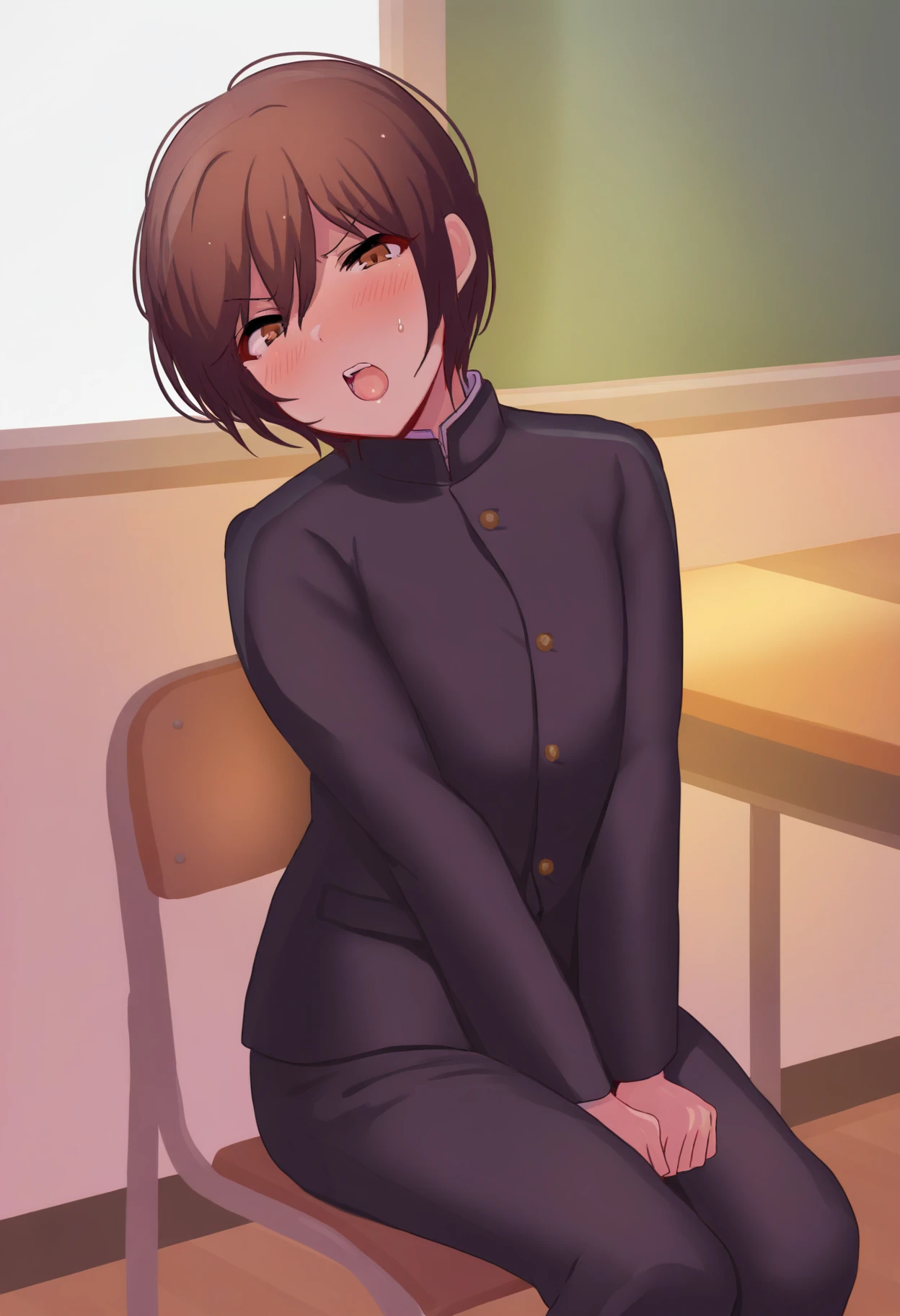 masterpiece, best quality, amazing quality, very aesthetic, high resolution, ultra-detailed, absurdres, newest, scenery, volumetric lighting, <lora:dkaketsuIL:1> 1boy, otoko no ko, brown hair, short hair, brown eyes, gakuran, pants, sitting, chair, desk, on chair, looking at viewer, head tilt, furrowed brow, blush, open mouth, angry, sweatdrop,