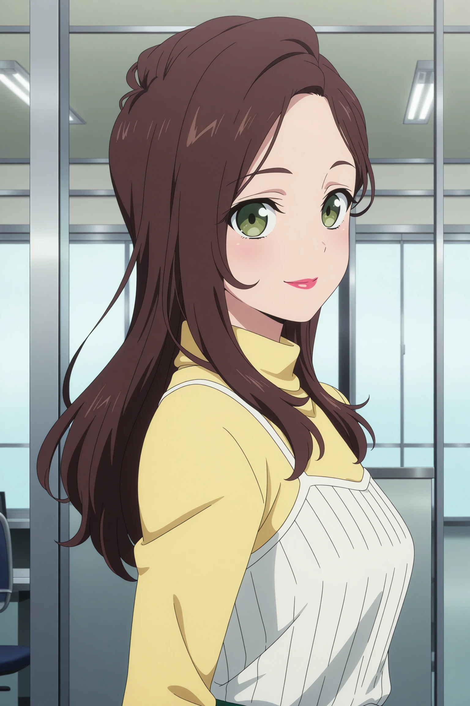 masterpiece, best quality, amazing quality, highres, absurdres, very aesthetic, high resolution, ultra detailed, perfect details, 1girl, solo, indoors, office, miyai kaede, long hair, brown hair, parted hair, green eyes, lipstick, stud earrings, three-quarter sleeves, yellow sweater, turtleneck, white camisole, waist ribbon, green pants, brown footwear, tassel loafers, <lora:Kaede_Miyai_ILXL:0.8>, (aged up:1.2), (upper body:1.4), looking at viewer, (anime screencap:1.5), (anime coloring:1.5), (pose), smile