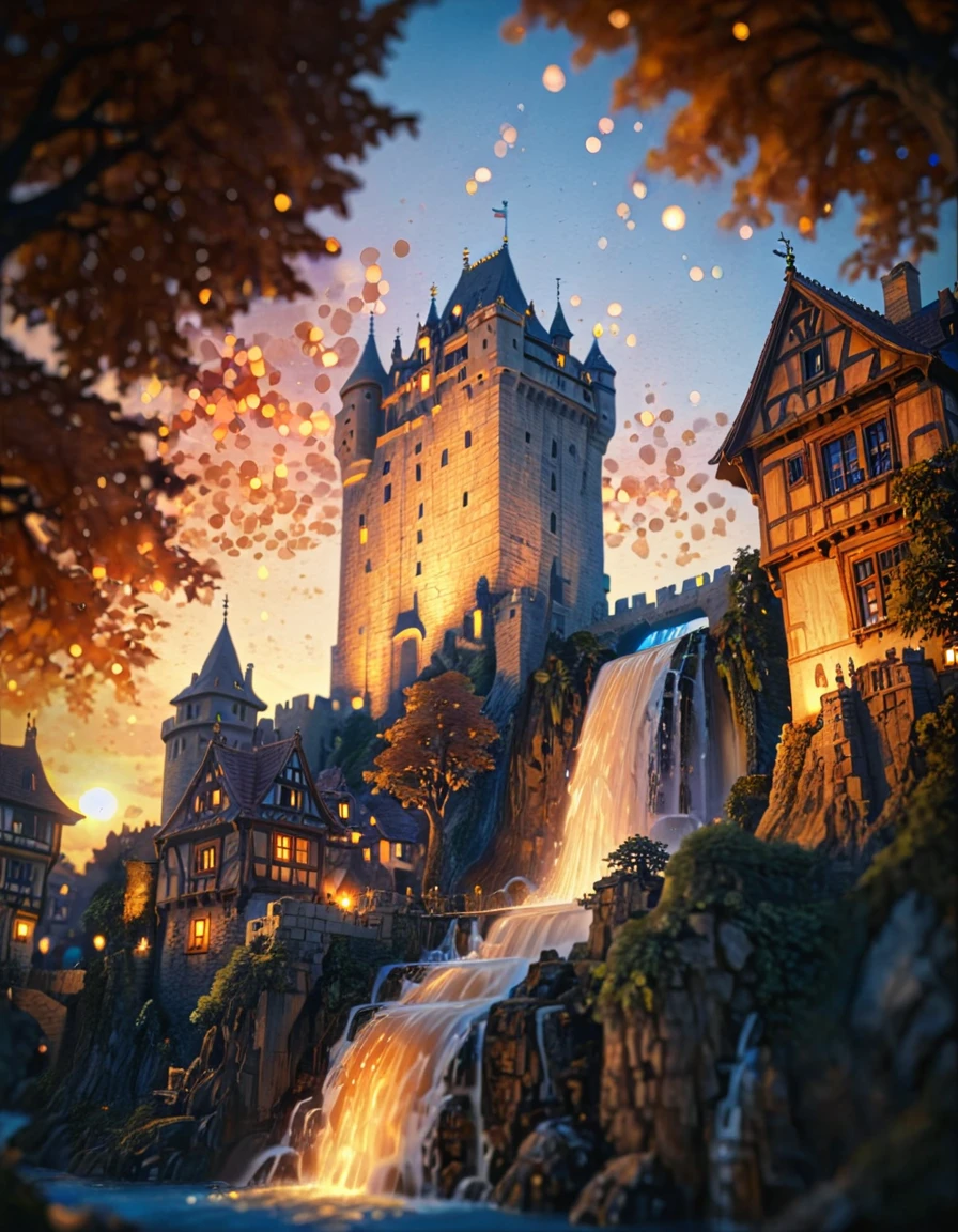 <lora:Medieval_Worlds_Specialxlb:1> T12, anime, anime style, tree, blue, orange, yellow, bokeh, T4, brown, houses, tower, castle, gold, low angle, T8, T1, waterfall, T11, sunset