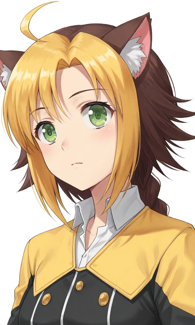masterpiece, best quality, good quality, portrait, JauneClafoutiIL, 1girl, green eyes, yellow hair, brown hair, short hair, multicolored hair, braided ponytail, ahoge, animal ears,