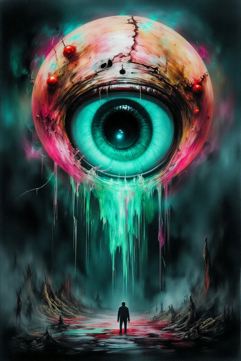 An extreme macro close-up of a translucent robotic head resembling a serpent, its hollow, glass-like surface revealing the decayed remnants of its inner mechanisms. The lifelike scales, once vibrant, now shift with eerie, fading neon tones of pink, red, yellow, and green, bleeding into one another like the last embers of a dying machine. Subsurface scattering (SSS) effects illuminate fractured wiring beneath the surface, glowing faintly with irregular pulses, as if struggling to cling to life.\nThe lighting is dim and cold, with harsh backlight casting long shadows through the translucent material, emphasizing the cracks and imperfections in its once-flawless design. The shallow depth of field blurs the desolate backdrop, littered with rusted metal fragments and faintly glowing debris, adding to the sense of abandonment.\nThe robotic head is crowned with a weathered metal hood, its surface pitted and scarred as if corroded by years of acid rain. A central circular aperture, cracked and flickering with an unstable turquoise light, dominates the frame. Etched into the hood are intricate filigree patterns, their coppery glow dim and irregular, like the fading heartbeat of an ancient, forgotten machine. These shifting patterns pulse faintly, evoking an organic-mechanical aestheticâa haunting relic of a future consumed by entropy. in the style of ck-ncr,\n\nDark Art",