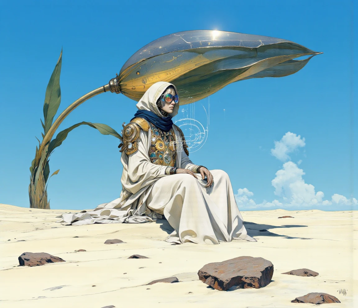 line art drawing anime artwork professional 3d model cinematic film still <lora:lora-10122.TA_trained:1>ancient holograms, glowing control panels, quantum circuits, floating holographic UI, AI-powered constructs, intricate clockwork mechanisms, metallic engraving details...A solitary figure sits in the foreground of an expansive, arid landscape, characterised by a pale, sandy terrain that stretches towards the horizon. The terrain is punctuated by a few scattered, uneven rocks and subtle undulations, hinting at the natural forces that shaped this desolate environment. Above, a vibrant azure sky dominates, nearly cloudless, showcasing a few wispy formations that add depth to the otherwise vast expanse.
The figure exudes an aura of calm intelligence, dressed in an elaborate, flowing white robe that blends elements of traditional and futuristic design. The robe is adorned with various symbols and patterns, adding an intricate touch to the otherwise minimalist appearance. A large, circular device is prominently displayed on the chest area, seemingly serving a significant purpose, while a deep blue scarf encircles the neck, contrasting against the white fabric.
Their face is partially obscured by a hood, but the most striking feature is a pair of unusual eyeglasses which reflect an array of colours. The hands, resting on the knees, reveal elongated fingers, hinting at a level of dexterity and precision. The posture is relaxed yet poised, suggesting a sense of waiting or contemplation.
In the background, an enormous, futuristic flower-like structure rises prominently, its metallic petals unfurled, catching the light and casting a distinctive shadow on the ground. The flower's design is sleek and otherworldly, with a stem gracefully curving upward, adding a surrealistic touch to the landscape. Its colour palette shifts from shimmering gold at the petals to a subtle green towards the base, creating a stark yet harmonious contrast with the surrounding earth tones.
The interplay of shadows and light, alongside the juxtaposition of organic and mechanical forms, invites the viewer to ponder the relationship between the figure, the enigmatic flower, and the barren landscape that envelops them. The entire scene evokes a sense of stillness and mystery, drawing oneâs attention to the intricate details that might be overlooked at a cursory glance. . shallow depth of field, vignette, highly detailed, high budget, bokeh, cinemascope, moody, epic, gorgeous, film grain, grainy . octane render, highly detailed, volumetric, dramatic lighting . anime style, key visual, vibrant, studio anime, highly detailed . professional, sleek, modern, minimalist, graphic, line art, vector graphics