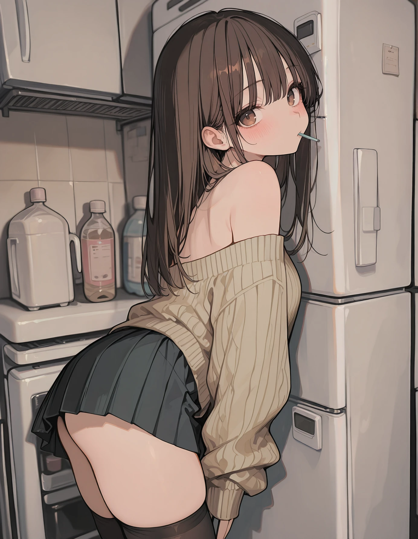 masterpiece, best quality,high quality, newest, highres,absurdres, <lora:aosiai123_style:1>,traditional media, aosiai123_illu, 1girl, solo, thighhighs, long hair, off shoulder, brown eyes, blush, black thighhighs, brown hair, looking at viewer, skirt, bare shoulders, indoors, sweater, bangs, mouth hold, refrigerator, long sleeves, off-shoulder sweater,
