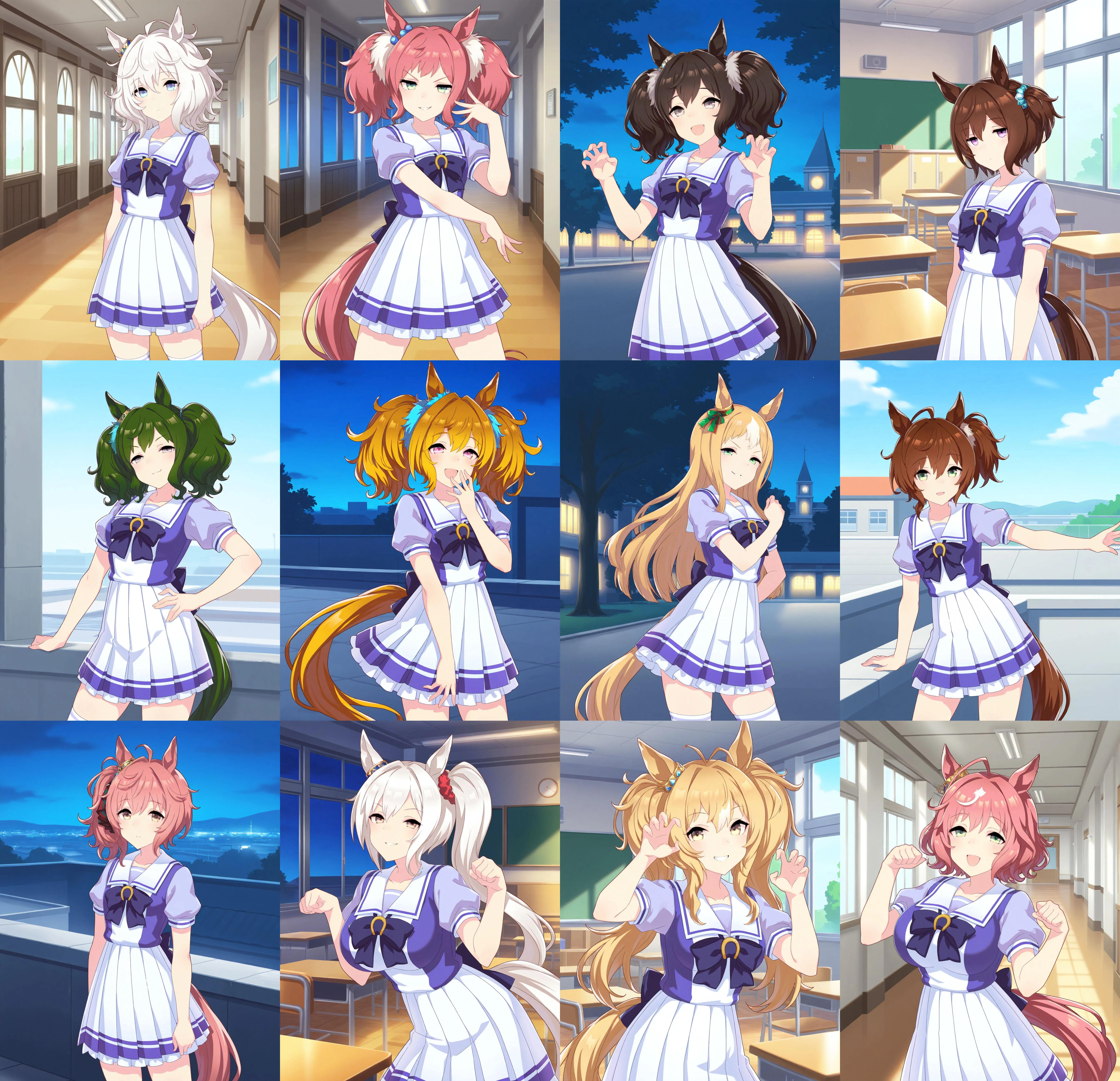 1girl, solo, umamusume, {brown hair|blue hair|green hair|purple hair|pink hair|yellow hair|white hair|black hair|gray hair|green hair|blonde hair}, {red eyes|blue eyes|green eyes|purple eyes|pink eyes|yellow eyes|brown eyes|black eyes|gray eyes|green eyes|gold eyes}, {medium hair|long hair|short hair}, {twintails|side ponytail|ponytail|}, {wavy hair|messy hair|dril hair|} horse tail, horse girl, tracen school uniform, short sleeves, {small breasts|flat chest|big breasts|},
{indoors, classroom|indoors, hallway|outdoors, ground|outdoors, rooftop|outdoors,building,tree}, {day|night},
{smug|smile|smirk|laughing|jitome|doyagao},
standing, {contrapposto| paw pose| jojo pose| claw pose|},
cowboy shot, <lora:supportcardstyleillv1:1>,, best quality, absurdres,