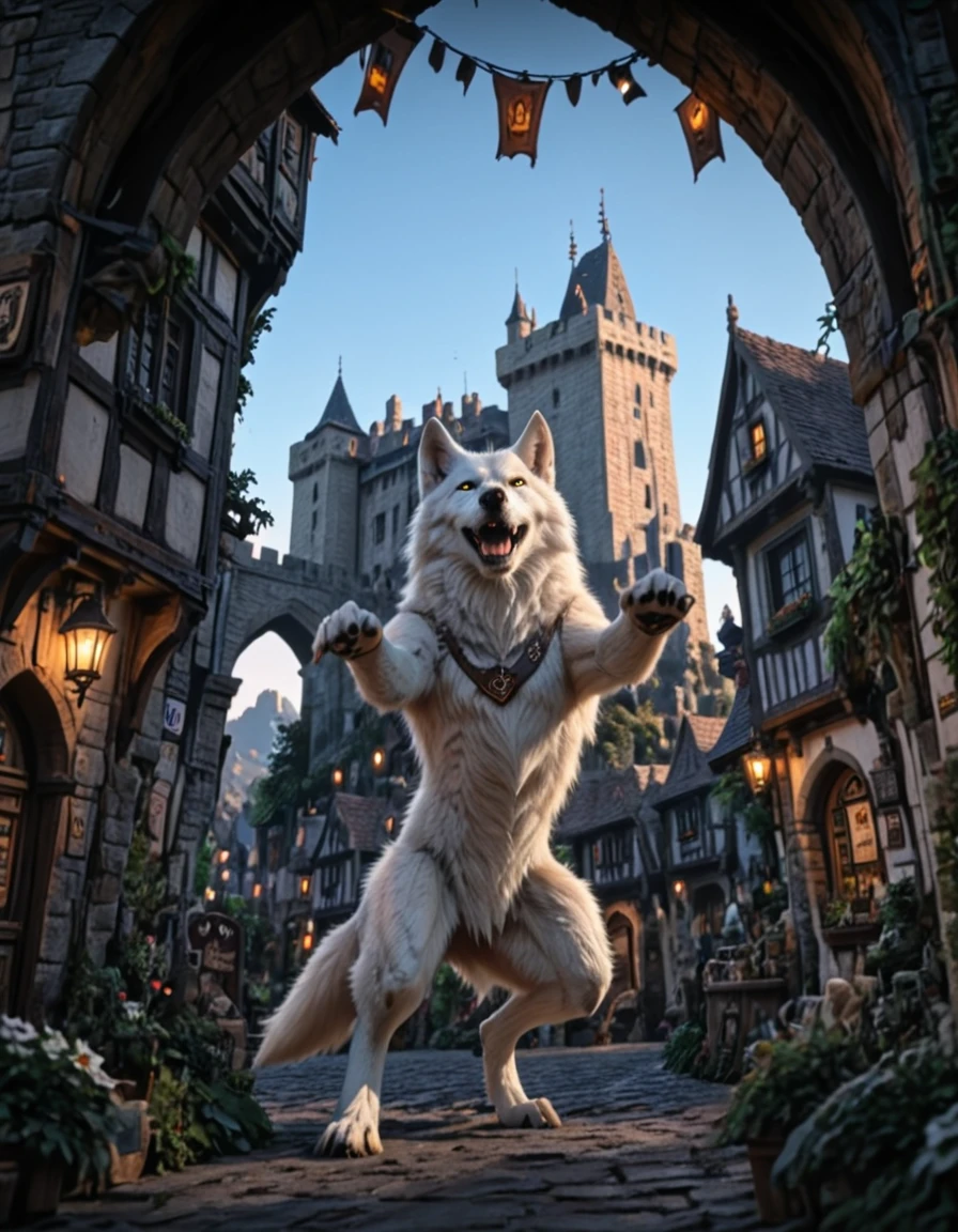 <lora:Medieval_Worlds_Specialxlb:1> medieval, sun shades, very detailed, very narrow street, ground view, high castle in the background, signs, shop, illuminated, city lights, houses, vegetation, sunset, under arch, giant white wolf, dancing, closeup, little garden, full body, mw01out, low angle, paws up !