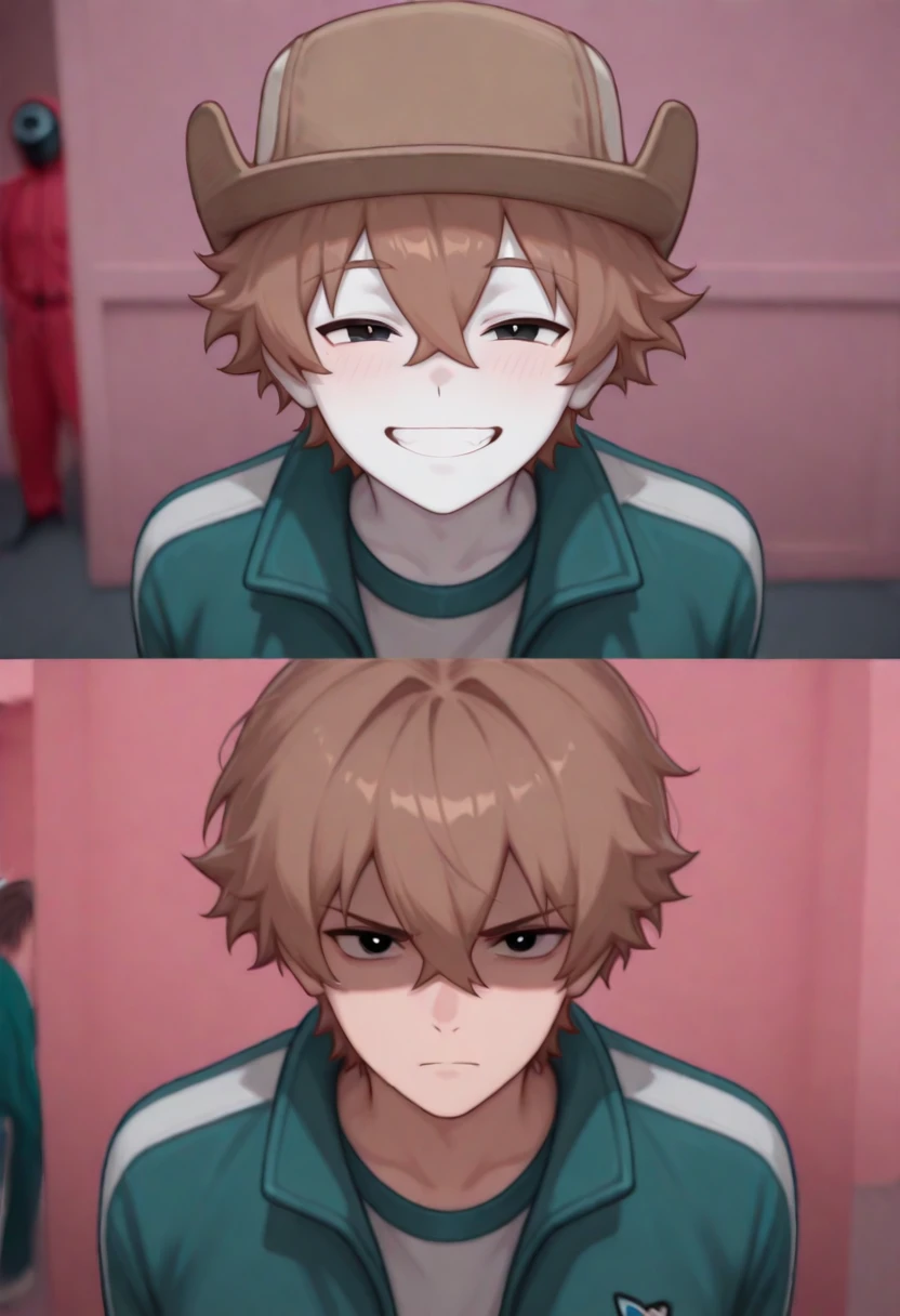 <lora:myOC_Illustrious_Mlaofmd-10:1.0>, <lora:squid-game-meme-il:1.0>, masterpiece, best quality, absurdres, amazing quality, mikus-concept, smiling expression, BREAK, serious expression, BREAK, comparison, pink background, partially shaded face, green jacket, upper body, blurry background, comic, looking at viewer, meme BREAK 1boy, mlao, brown hat, brown hair, white skin, black eyes,