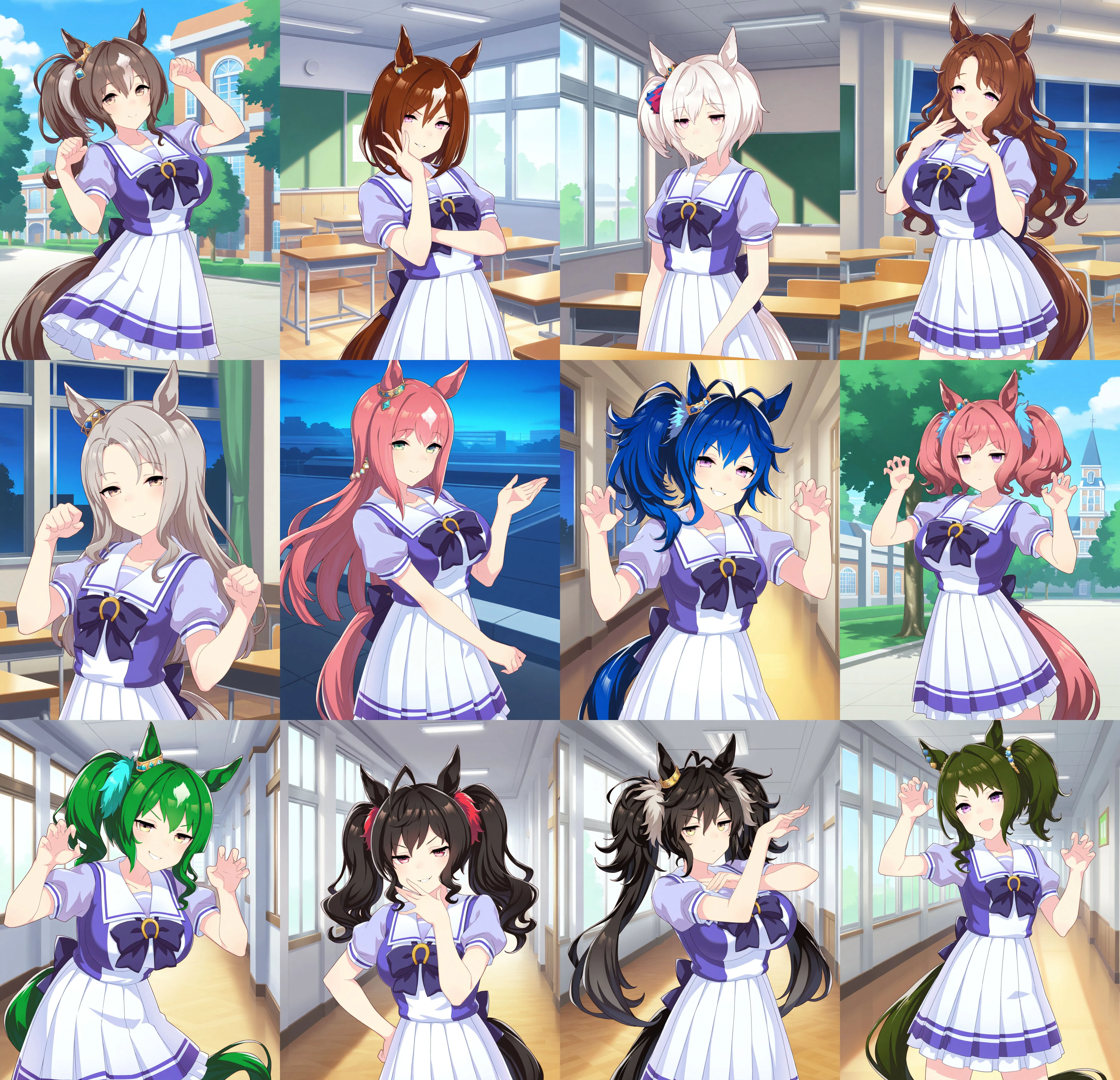 1girl, solo, umamusume, {brown hair|blue hair|green hair|purple hair|pink hair|yellow hair|white hair|black hair|gray hair|green hair|blonde hair}, {red eyes|blue eyes|green eyes|purple eyes|pink eyes|yellow eyes|brown eyes|black eyes|gray eyes|green eyes|gold eyes}, {medium hair|long hair|short hair}, {twintails|side ponytail|ponytail|}, {wavy hair|messy hair|dril hair|} horse tail, horse girl, tracen school uniform, short sleeves, {small breasts|flat chest|big breasts|},
{indoors, classroom|indoors, hallway|outdoors, ground|outdoors, rooftop|outdoors,building,tree}, {day|night},
{smug|smile|smirk|laughing|jitome|doyagao},
standing, {contrapposto| paw pose| jojo pose| claw pose|},
cowboy shot, <lora:supportcardstyleillv1:1>,, best quality, absurdres,