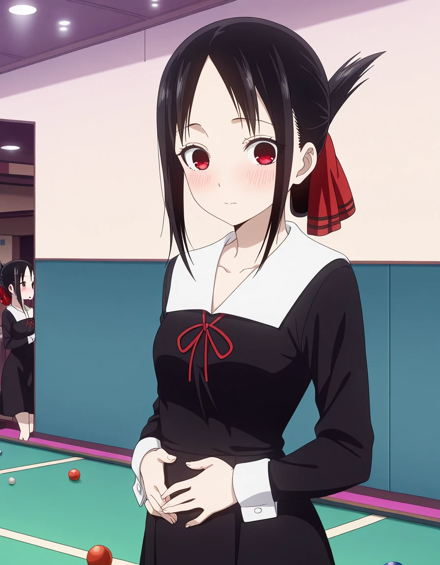 masterpiece, best quality, amazing quality,, <lora:kaguya-shinomiya-s3-illustriousxl-lora-nochekaiser:1>, kaguya shinomiya, short hair, bangs, black hair, red eyes, hair ribbon, sidelocks, folded ponytail, parted bangs, mature female, small breasts, anime screencap, long sleeves, dress, ribbon, school uniform, collarbone, black dress, sailor collar, white sailor collar, red ribbon, neck ribbon, shuuchiin academy school uniform,, bowling alley, lanes, pins, balls, fun, , hands on stomach, blush, looking at viewer, solo,, cowboy shot, solo