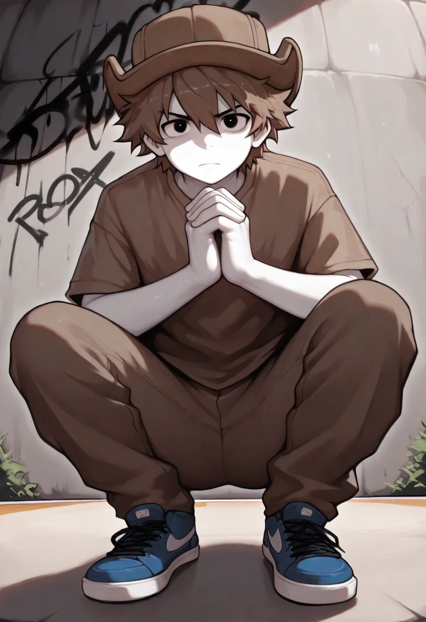 <lora:myOC_Illustrious_Mlaofmd-10:1.0>, masterpiece, best quality, absurdres, amazing quality, 1boy, mlao, brown hat, brown hair, white skin, brown shirt, brown pants, blue shoes, black eyes, full body, squatting, looking at viewer, praying hands, serious, graffiti, skate park, low angle,