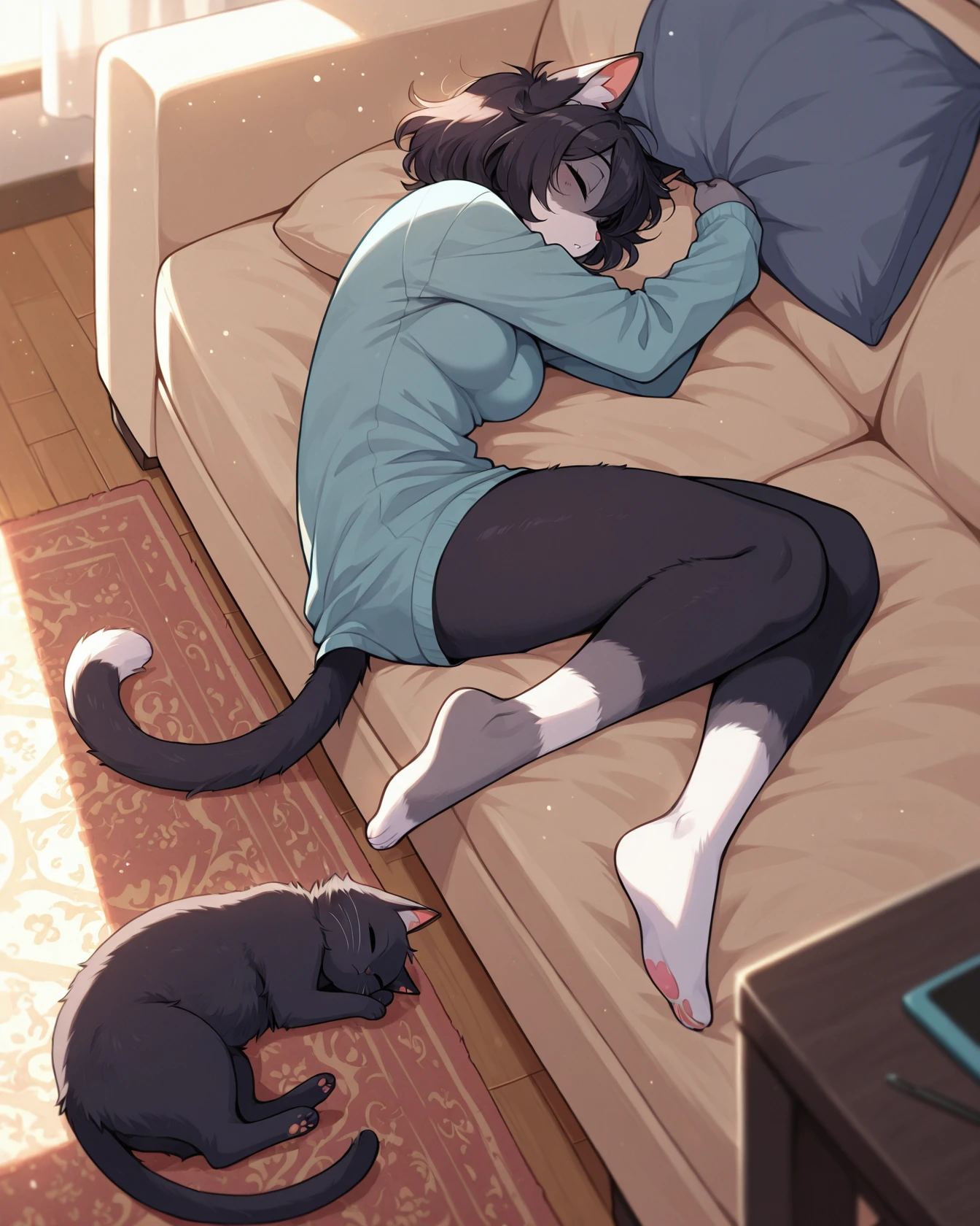 masterpiece, best quality, 1girl, female anthro, solo, clothes, sleeping, tail, female cat, medium breasts, messy sleeper, black cat furry,short hair,, cat tail, fluffy tail, on ground, rug, living room, sunlight, ,<lora:Mega_Fluffy_IL:0.8> megafluffy, ((fluffy)), furry