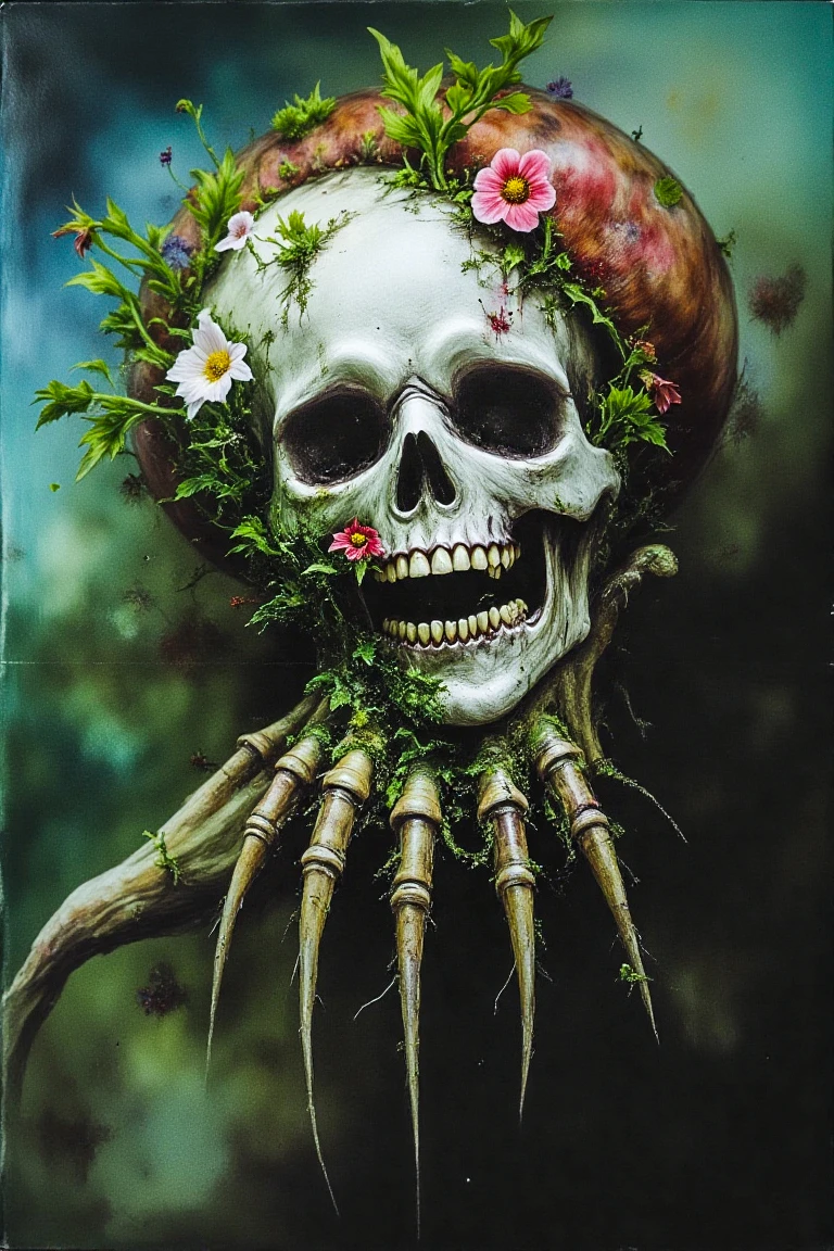  "A close up of a snail with a human skull shell, mossy, flowers, colorful, sparkling\n\nDark Art"