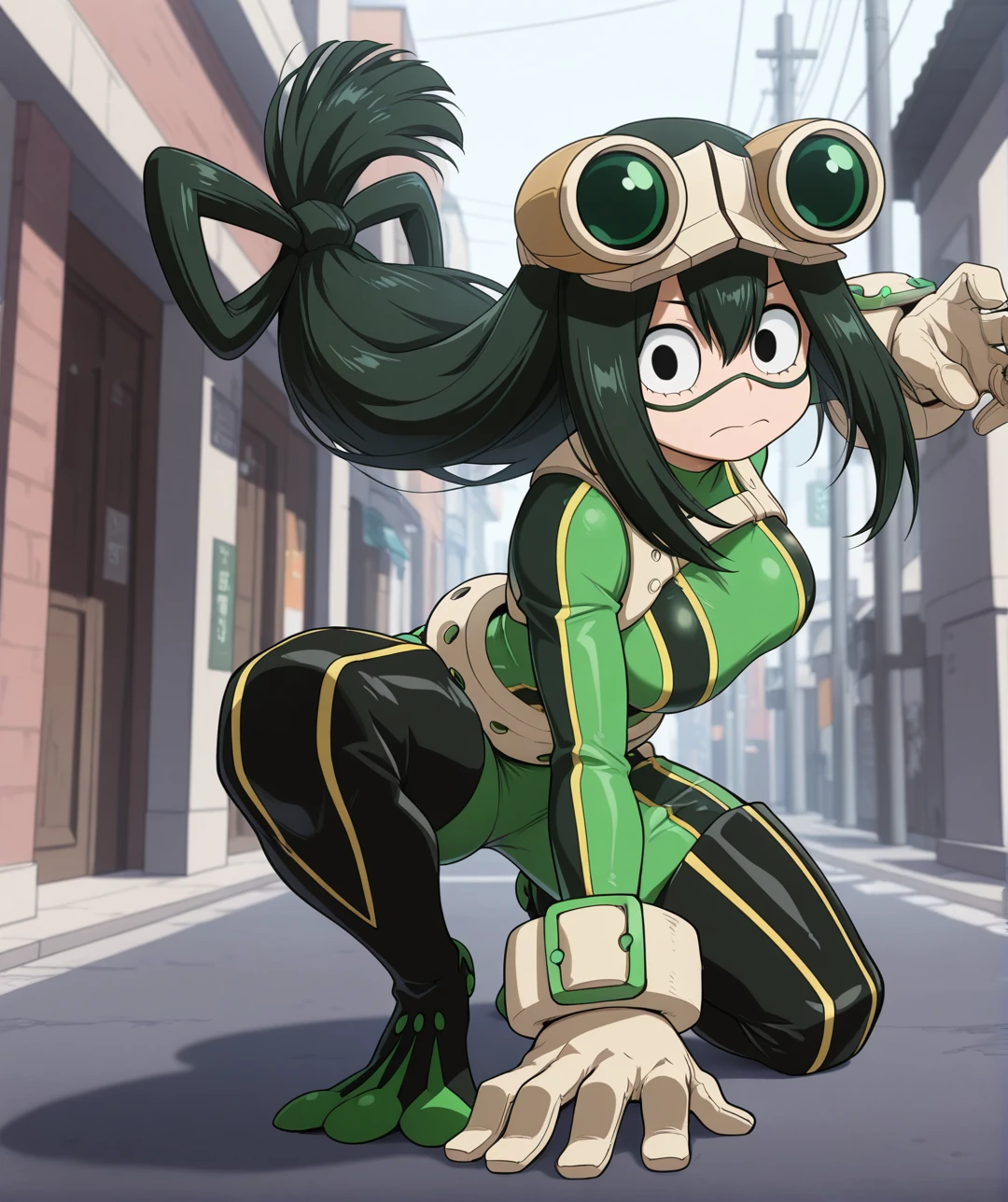 masterpiece, best quality, amazing quality, 1girl, solo, <lora:IlluTsuyu:1> illutsuyu, long hair, black hair, green hair, low-tied long hair, black eyes, green bodysuit, goggles, street, domino mask, fighting stance, serious, on one knee,