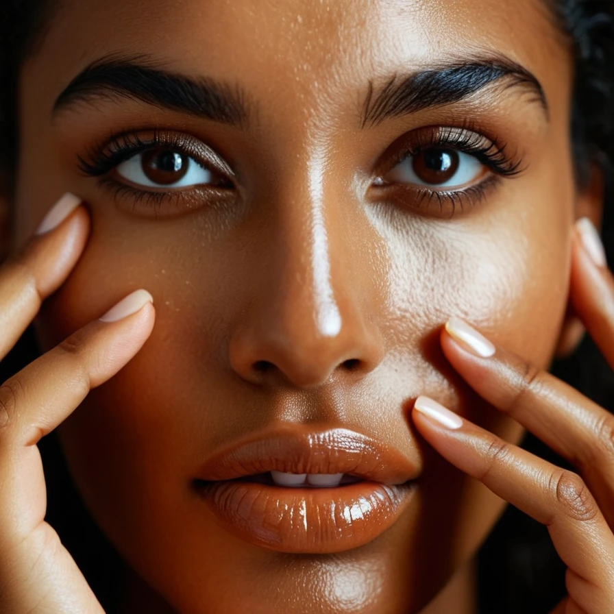 cinematic film still of <lora:oily shiny skin style v1:1>
closeup, Oily skin tone of a brown skin beautiful woman with a lot of oil on her face and her hand fingers on her cheek, perfect image, perfect body, perfect anatomy, sharp image, detailed image, Kodak film, high quality photography, oily skin style, shiny skin style, solo, looking at viewer, brown eyes, shiny, lips, portrait, close-up, nose, black hair, black eyes, hand on another's face, hand on own face, shiny skin, chromatic aberration, tongue, blurry, thick eyebrows, photorealistic, shallow depth of field, vignette, highly detailed, high budget, bokeh, cinemascope, moody, epic, gorgeous, film grain, grainy