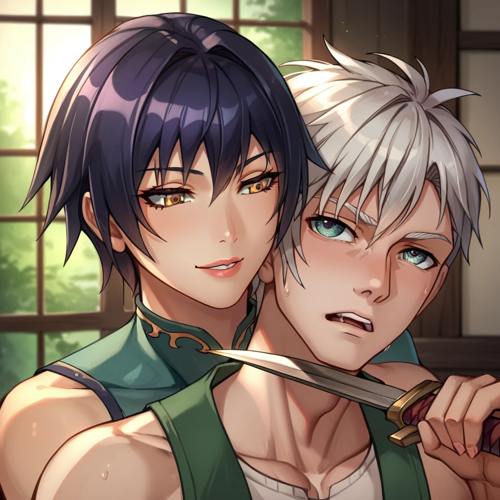 score_9, score_8_up, score_7_up, score_6_up, uncensored, detailed eyes, perfect eyes, extremely detailed CG, extremely detailed face, perfect face, detailed Lora, best quality, source_anime, masterpiece, beautiful eyes, beautiful face, detailed eyes ,high resolution, distinct image BREAK <lora:blade to throat_femdom:1>fd_blade_to_throat, blade to throat, 1boy, 1girl, holding knife, holding, knife, femdom, hetero, female behind male, standing behind