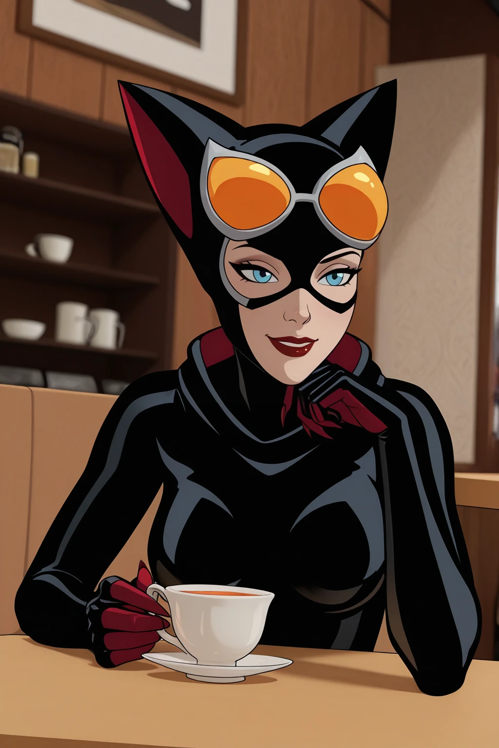 masterpiece, good quality, best quality, very awa, very as2, absurdres, highres, 3d
<lora:Catwoman 2004illuLoRA:1>ctwm2004, cat ears, black bodysuit, goggles on head, gloves, sharp fingernails, smile. sitting in a cafe, holding a cup of tea