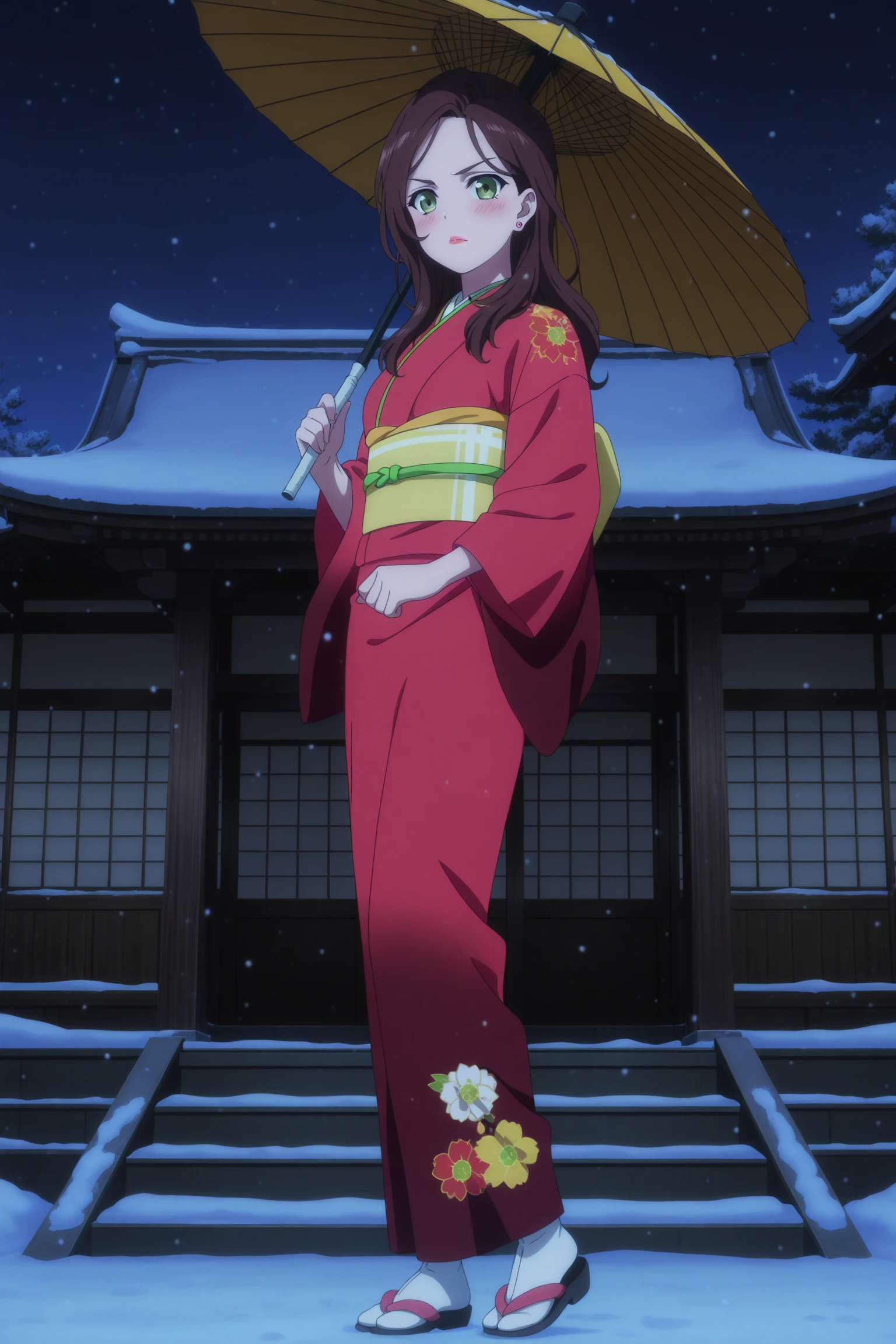 masterpiece, best quality, amazing quality, highres, absurdres, very aesthetic, high resolution, ultra detailed, perfect details, 1girl, solo, outdoors, east asian architecture, miyai kaede, long hair, brown hair, parted hair, green eyes, lipstick, stud earrings, japanese clothes, kimono, wide sleeves, red kimono, gradient kimono, obi, obiage, obijime, white socks, tabi, zouri, <lora:Kaede_Miyai_ILXL:0.8>, (aged up:1.2), (full body), looking at viewer, (anime screencap:1.5), (anime coloring:1.5), (pose), serious, blush, oil-paper umbrella, yellow umbrella, holding umbrella, snowing, (night:1.5)