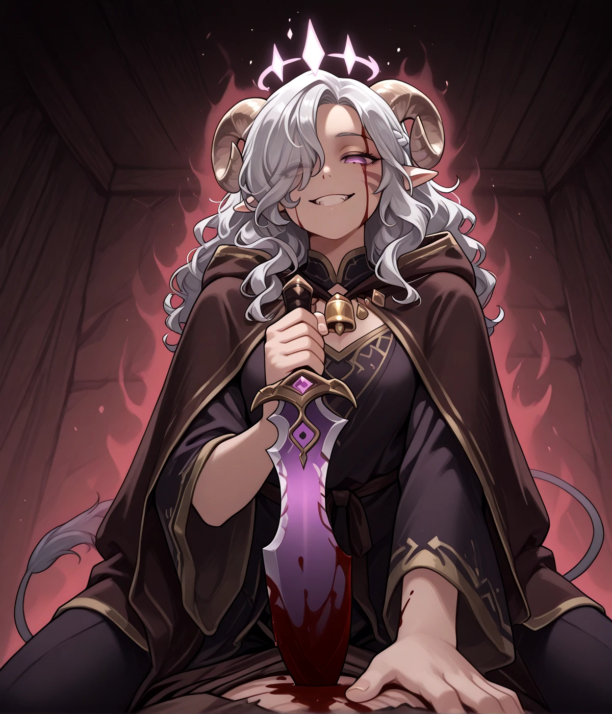 <lora:crown_of_madness:1>crown_of_madness, glowing twilight purple ruined_crownand fog, from below , blood from eyes , pained expression, slit pupils:1.3, solo, holding simple dagger, glowing, blood on dagger, hypnosis, blood_on_face, evil smile, , looking at viewer, empty eyes, blood splatter, aura on head, blood on clothes, dynamic pose, pov , on male's body, stab, gore, injury male, hand up,, masterpiece, tiefling, tail, anime, pointy ears, tiefling, silver hair, ivory sheep horn,
<lora:whisker_markings:0.8>red whisker_markings:1.7, silver long wavy hair, bell necklace, short pointy ears, purple eyes, tiefling_bard_diana:1.2, hair over one eye, braid, <lora:Tiefling_bard_Diana_ILXL:1> cloak,
cow tail:1.4,, <lora:anatomy_helper:0.3> <lora:illustrious_quality_modifiers_masterpieces_v1:1> masterpiece, very aesthetic, absurdres,