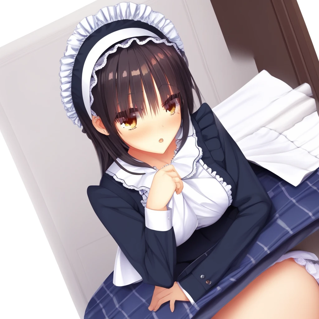 Opened、Maid clothes、flat chest、nipple、No bra．No panties、garter belt、naked、girl on top sex、 lift up skirt、((Sex riding on top of a man and mixing penis in her pussy))from below、Sweat、pussy juice、open your mouth、smile、Drool、cum on chest、blush