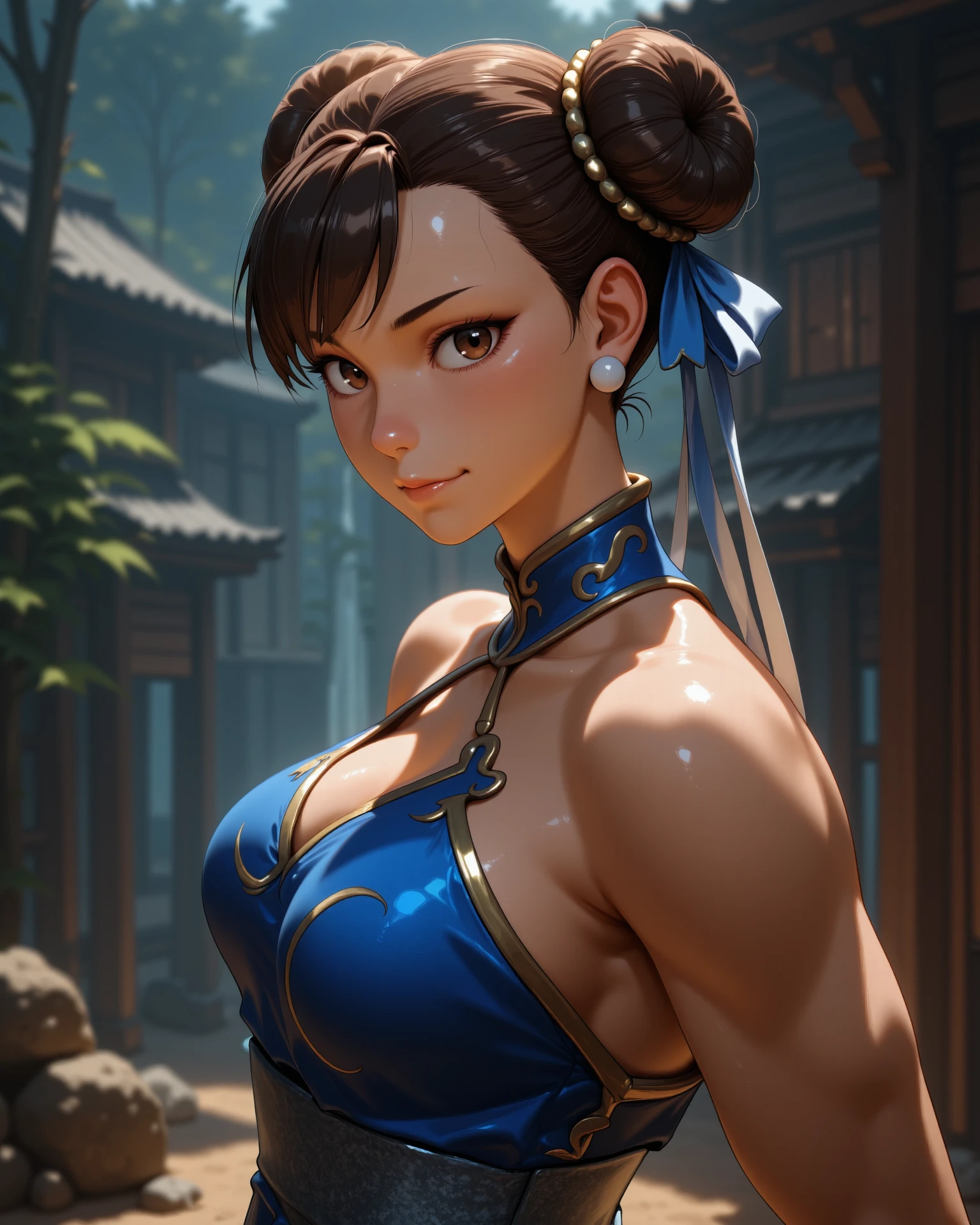 full chun li, solo wearing bathing in the river, getting wet, having fun, no make-up, rural scenery, sunset,por do sol, sun lighting
