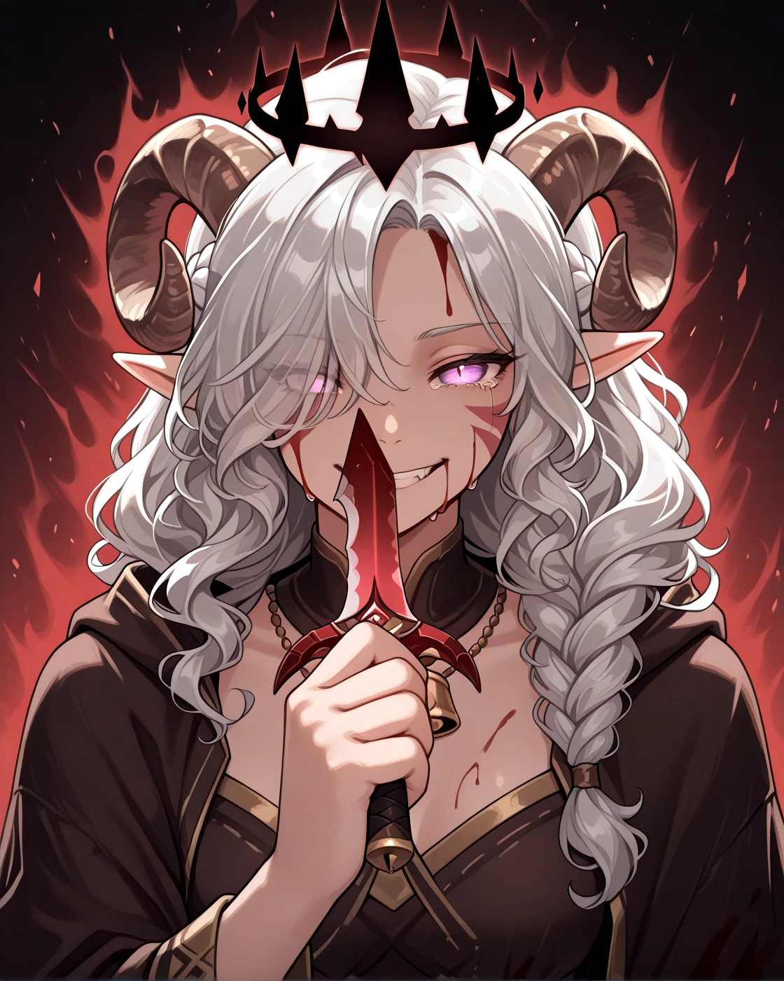 <lora:crown_of_madness:1>crown_of_madness, glowing red ruined_crownand fog with glowing eyes, from below , pained expression, slit pupils:1.3, solo, holding simple dagger, glowing, blood on dagger, hypnosis, blood_on_face, evil smile, looking at viewer, empty eyes, blood on clothes, dynamic pose, pov , injury male, hand up, light on crown, aura, tears, dynamic pose,, masterpiece, tiefling, tail, anime, pointy ears, tiefling, silver hair, ivory sheep horn,
<lora:whisker_markings:0.8>red whisker_markings:1.7, silver long wavy hair, bell necklace, short pointy ears, purple eyes, tiefling_bard_diana:1.2, hair over one eye, braid, <lora:Tiefling_bard_Diana_ILXL:1> cloak,
cow tail:1.4,, <lora:anatomy_helper:0.3> <lora:illustrious_quality_modifiers_masterpieces_v1:1> masterpiece, very aesthetic, absurdres,streaming tears:1.2, looking at viewer, chewing dagger,