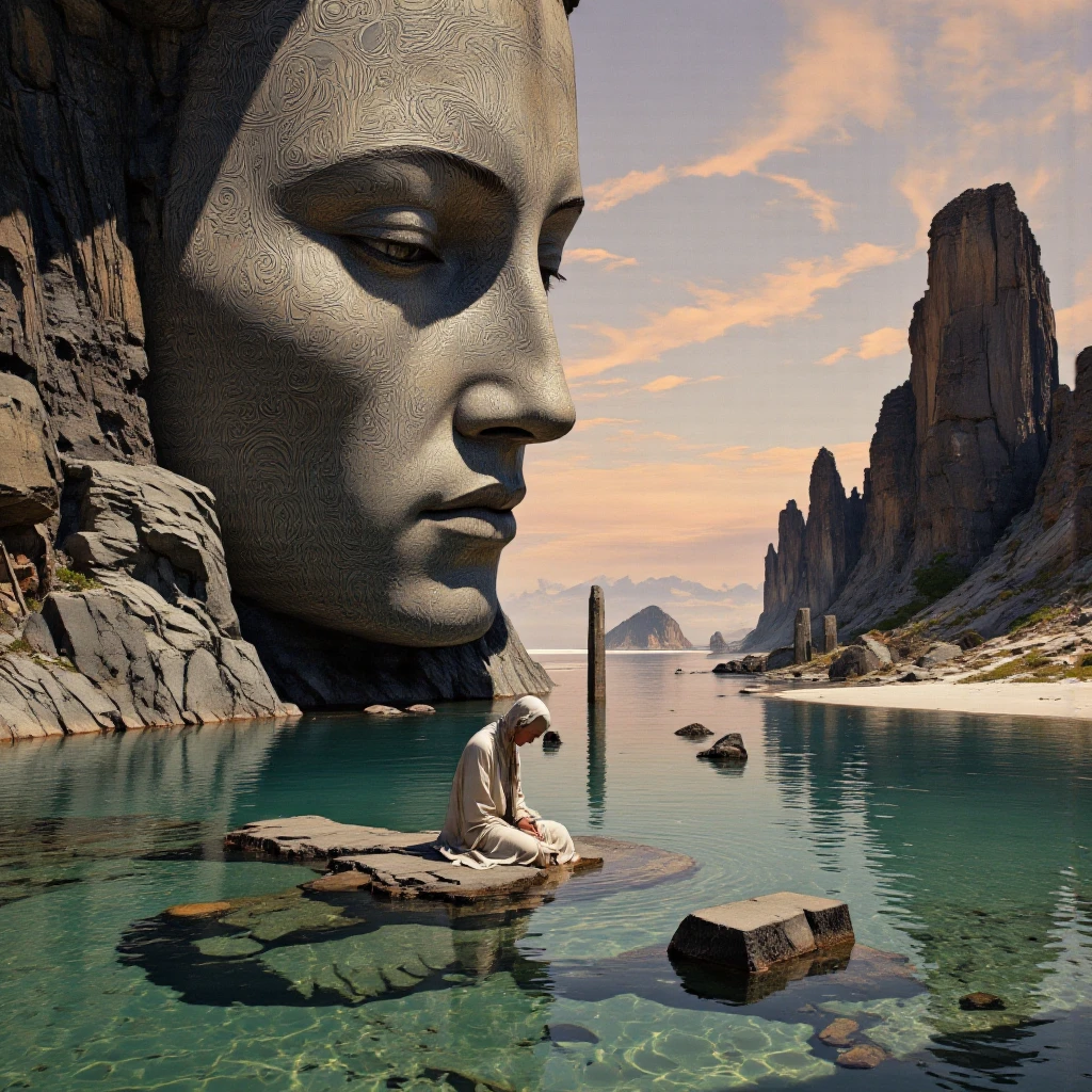 line art drawing anime artwork professional 3d model cinematic film still [Retro-futuristic alchemy, cinematic chiaroscuro, Renaissance alchemist, muted tones, sci-fi A colossal stone face looms in the foreground, exuding an aura of serenity and wisdom. The facial features, intricately carved, display deeply set eyes that seem to gaze contemplatively. The mouth, slightly parted, gives the impression of unspoken thoughts. Swirling patterns adorn the surface of the stone, their delicate lines evoking a sense of ancient symbols and forgotten languages.
Nestled at the base of this giant visage, a solitary figure sits cross-legged in a small pool of water. Clad in a flowing robe that billows gently around them, the figure has their head bowed, suggesting deep meditation or introspection. The water ripples softly, capturing reflections of the surrounding environment and the enormous face above, creating an enchanting interplay of light and shadow.
Beyond the figure, the landscape unfolds into rocky outcrops reminiscent of weathered towers, jutting from the waterâs surface. Their textures hint at timeworn erosion, with streaks of colour that suggest a natural panorama shifting between greens and blues. The water's glassy surface mirrors the hues of the sky, where soft peach and lavender clouds dance in a gradient of twilight, casting a tranquil glow over the scene.
Isolated and resilient, several small stone pillars punctuate the water close to the seated figure, contributing to an air of ancient ruins. They imply a long-lost structure, perhaps an altar or a gathering place, now reclaimed by nature.
The overall composition evokes a profound sense of peace yet hints at a deeper narrative, a confluence of nature, spirituality, and the passage of time, inviting the viewer to reflect on existence amidst the vastness of a landscape that seems both ethereal and grounding. . shallow depth of field, vignette, highly detailed, high budget, bokeh, cinemascope, moody, epic, gorgeous, film grain, grainy . octane render, highly detailed, volumetric, dramatic lighting . anime style, key visual, vibrant, studio anime, highly detailed . professional, sleek, modern, minimalist, graphic, line art, vector graphics