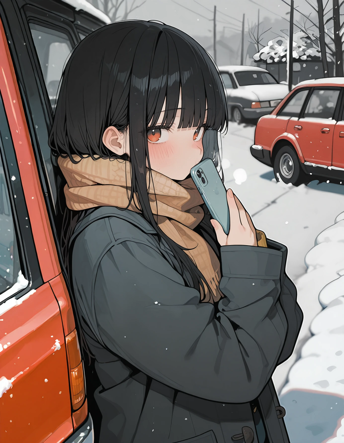 masterpiece, best quality,high quality, newest, highres,absurdres, <lora:aosiai123_style:1>,traditional media, aosiai123_illu, 1girl, scarf, ground vehicle, blush, red car, motor vehicle, phone, looking at viewer, solo, cellphone, snow, bangs, long hair, holding, snowing, holding phone, smartphone, blunt bangs, outdoors, coat
