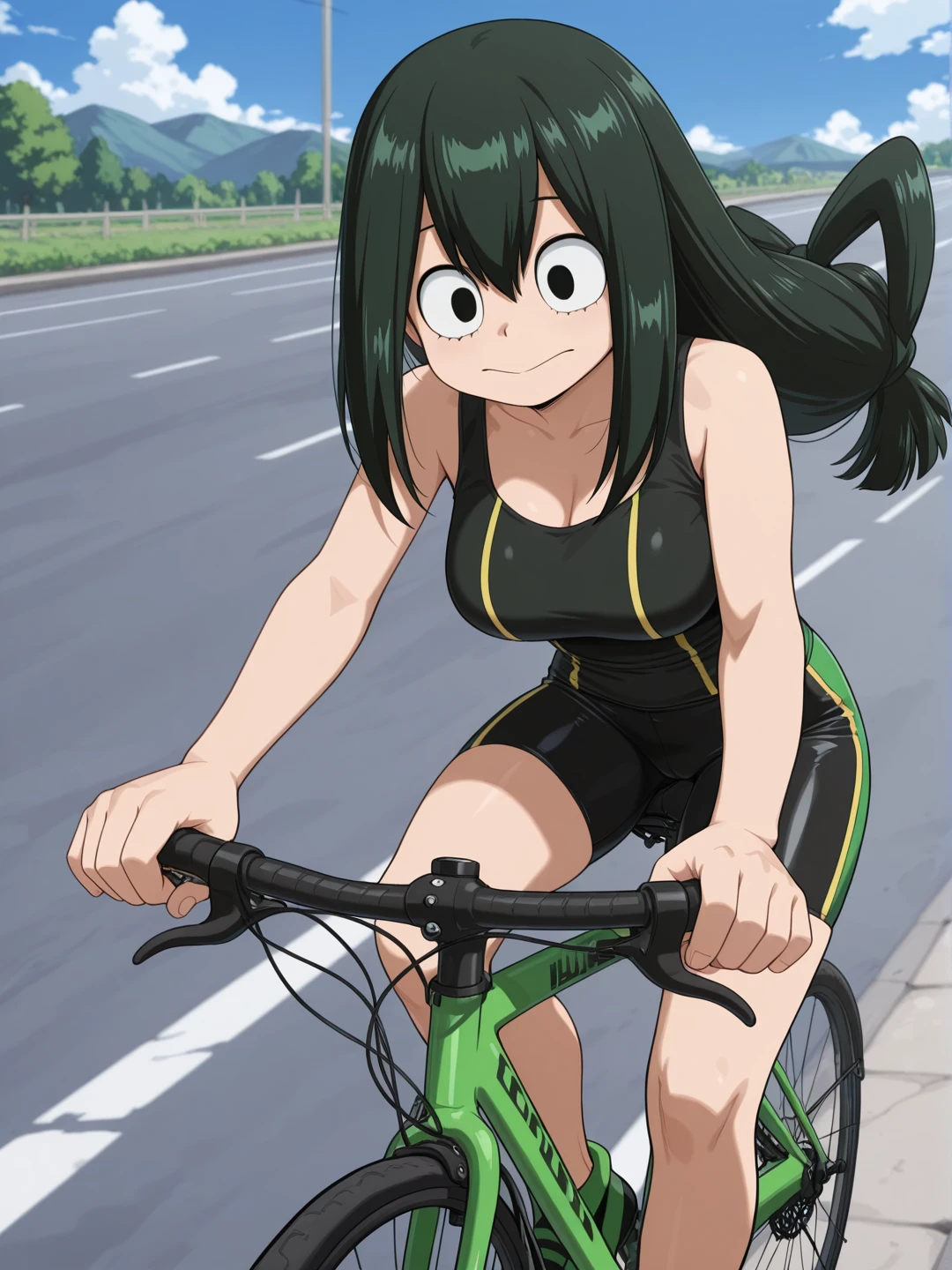 masterpiece, best quality, amazing quality, 1girl, solo, <lora:IlluTsuyu:1> illutsuyu, long hair, black hair, green hair, low-tied long hair, black eyes, bike shorts, riding bicycle, black tank top, blue sky, road, happy