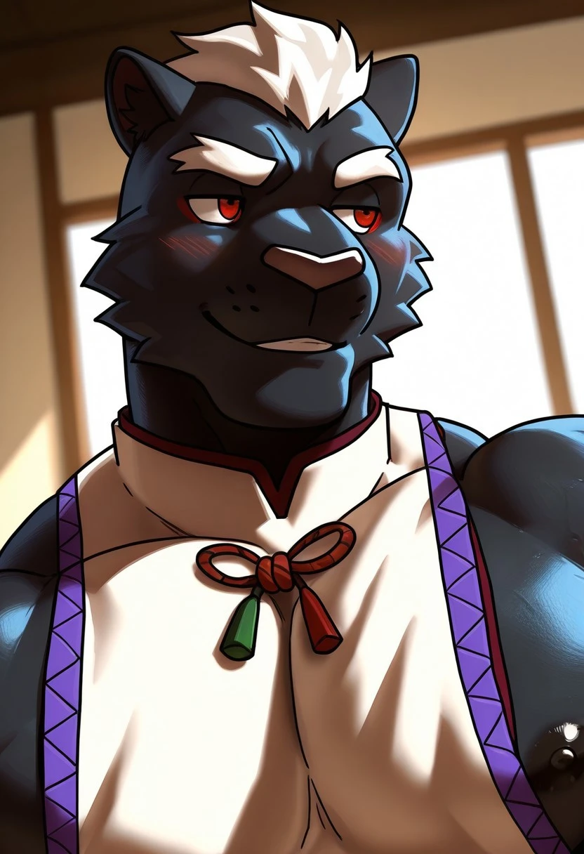 <lora:ShisoV1:1>, shiso, panther boy, black fur, white hair, short hair, red eyes, perfecteyes, no humans, furry male, furry, 1boy, solo, muscular male, bara, athletic build, large pectorals, beautiful, hyper-detailed, highres, absurdres, HD, depth if field, very aesthetic, high sharpness, beautiful vibrant colors, photorealistic, photorealism, dynamic angle, semi-realistic lighting, detailed background, white robe, rope knot, sleeveless, nipple slip, face focus, close up, smile, portrait, blushing, (artist:omyurice:0.8), (artist:raccoon21:0.5), (artist:honovy:0.6), (artist:kenket:0.6), (artist:taran fiddler:0.6)