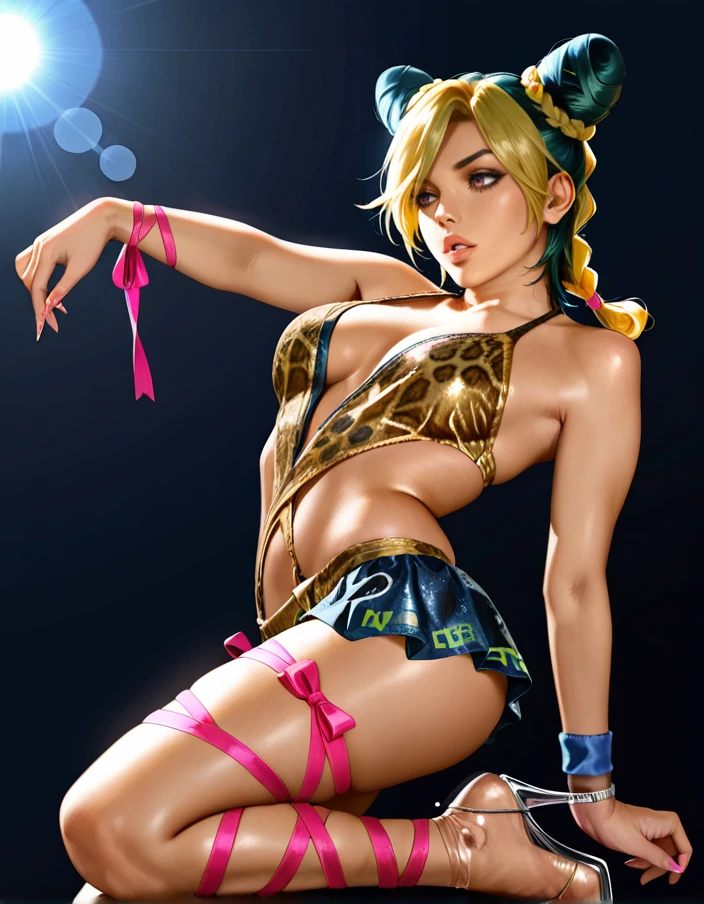 18year old, ((top-quality)), ((masterpiece)), (high-detail:1.3), (upper body), (((front view))), Beautiful face (kawaii:1.3), (naked:1.2), ((woman wearing large bow and pleated rara skirt)), ((studded dog collar)), ((sweatbands)), ((thigh high lace-up boots)), ((hairband)), (((a-cup breasts))), Slim waist, small buttocks, (Japanese beauty), superfine illustration, exaggerated hair, ((long blonde hair)), (no bra!), ((barechested!)), boxing ring!, ((tribal tattoo:1.3)), (((cuts and grazes on skin))), ((fighting stance!)), ((fists held in front of body)), ((neon signs)), ((serafuku)), ((glitter eye shadow))