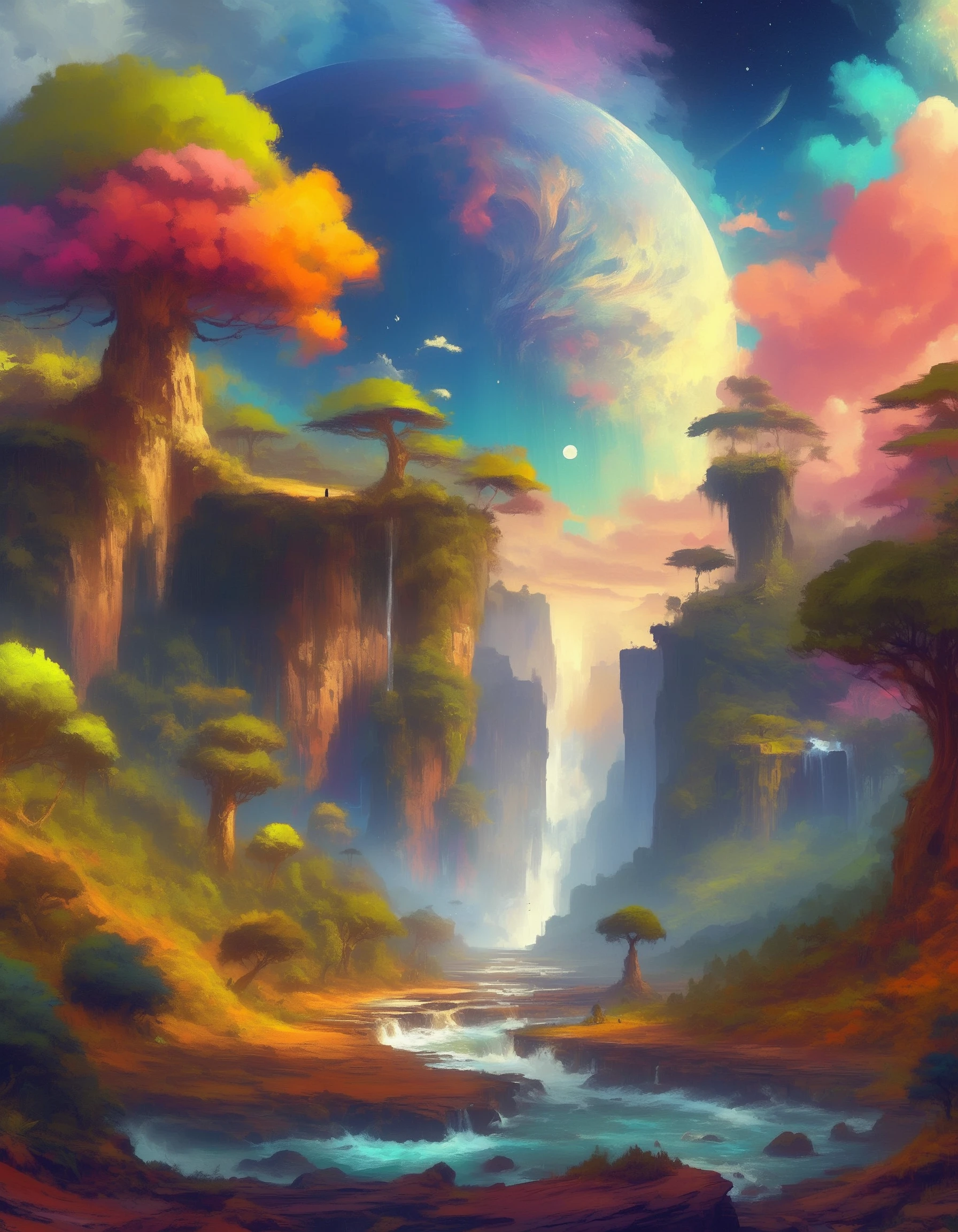 digital impressionist painting, fantasy world, gigantic trees, colorful vegetation, canyon, waterfalls, stream, fantasy animals, colorful sky, moon, epic clouds