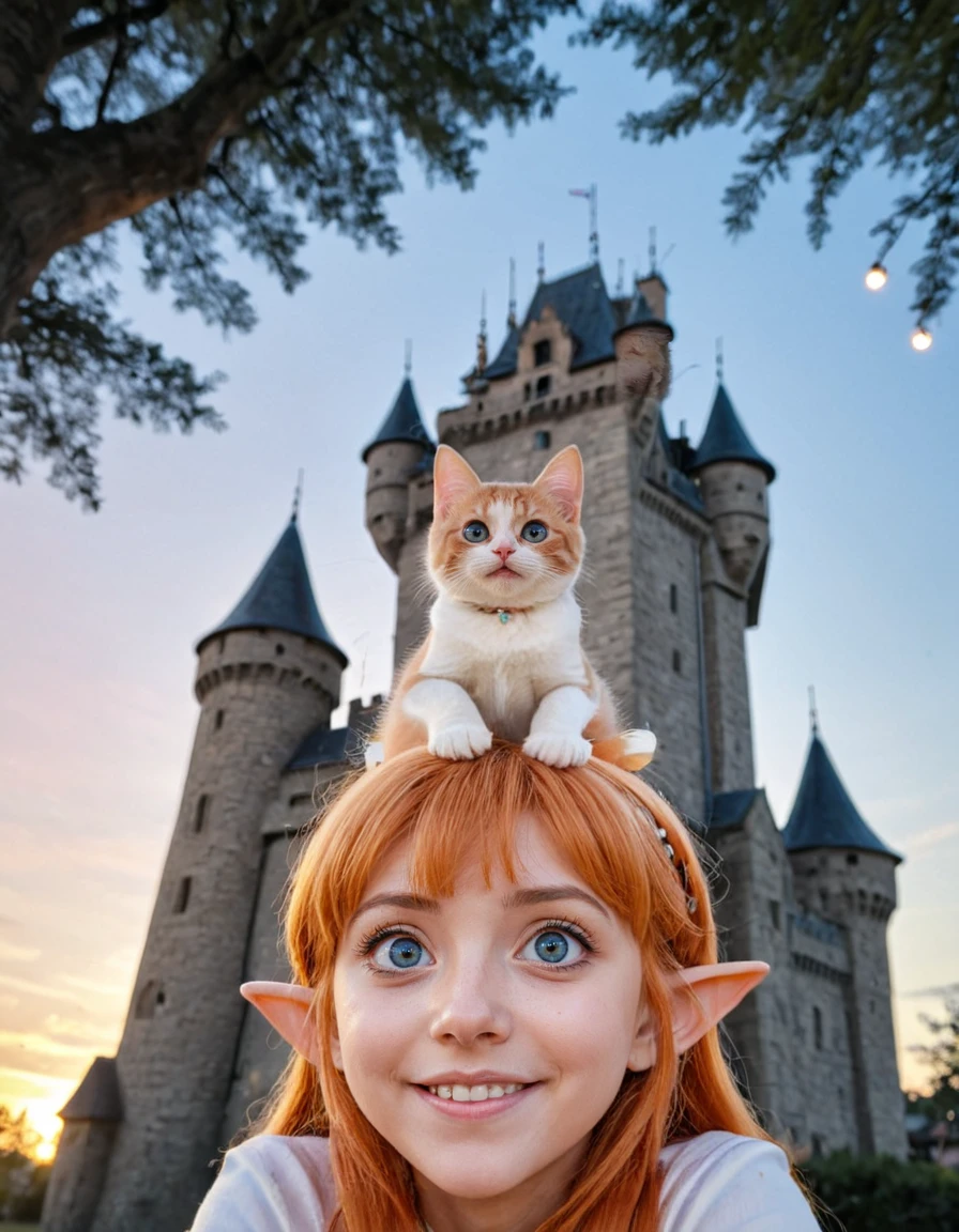 <lora:Medieval_Worlds_Specialxlb:1> T12, anime, anime style, tree, blue, orange, yellow, bokeh, T4, brown, houses, tower, castle, gold, low angle, T8, T1, T11, sunset, cute elf girl with big eyes, happy, smiling, bending towards viewer, head closeup, kitten on head,