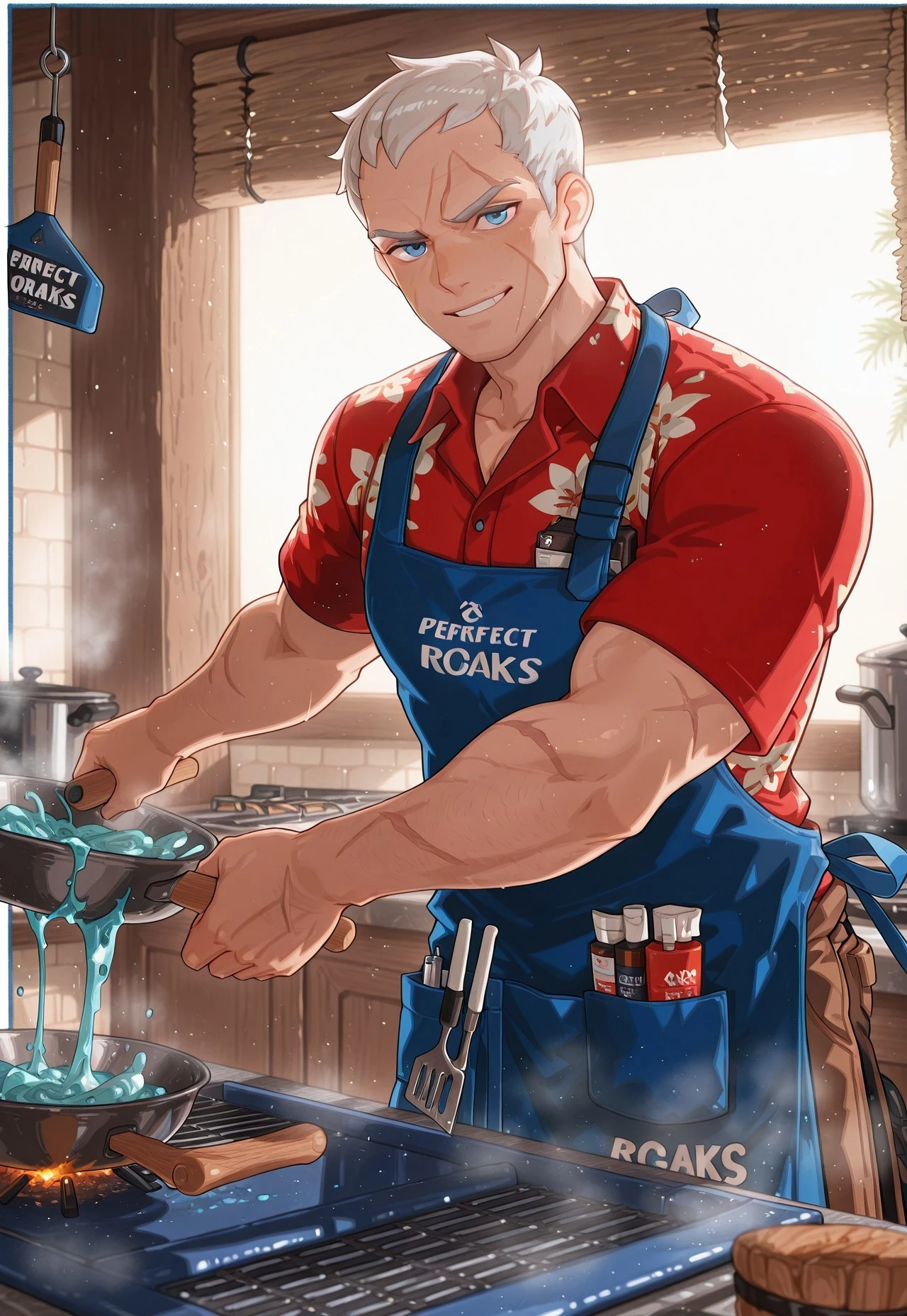 animification, source_anime, anime, (1boy, soldier: 76 \(overwatch\), bara, mature male, classic76, short hair, white hair, pixie cut, blue eyes, detailed eyes, scar on face, scar on mouth, hawaiian shirt, red shirt, (blue apron with the word "RAISE THE STEAKS": 1.5), brown short, official alternate outfit), dynamic pose, cooking, happy, volumetric lighting, looking at viewer, masterpiece, best quality, absurdres, newest, perfect quality, best quality, absolutely eye-catching, detailed background, intricate details