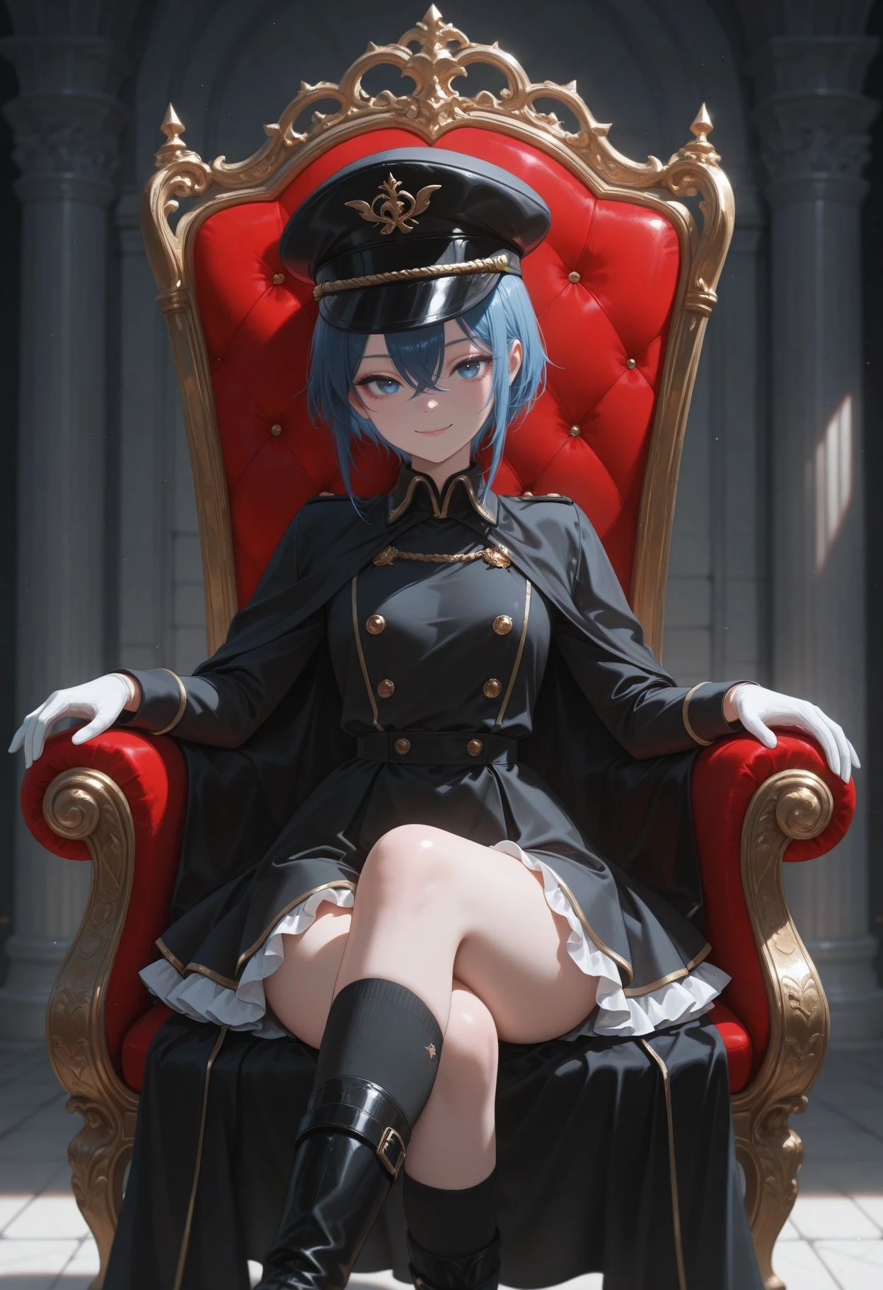masterpiece,best quality,absurdres,highres,very aesthetic,high quality,detailed,insanely detailed,beautiful,
gugugu_(enigma0009)
<lora:Inui Sajuna illu:1>, , sitting, crossed legs, throne, smile, bbsajuna,blue eyes,peaked cap,black headwear,blue hair,short hair,hair between eyes,bangs,black cape,dress,(black dress:1.4),long sleeves,(white gloves:1.1),(black skirt:1.4),frilled skirt,socks,black socks,boots,black footwear